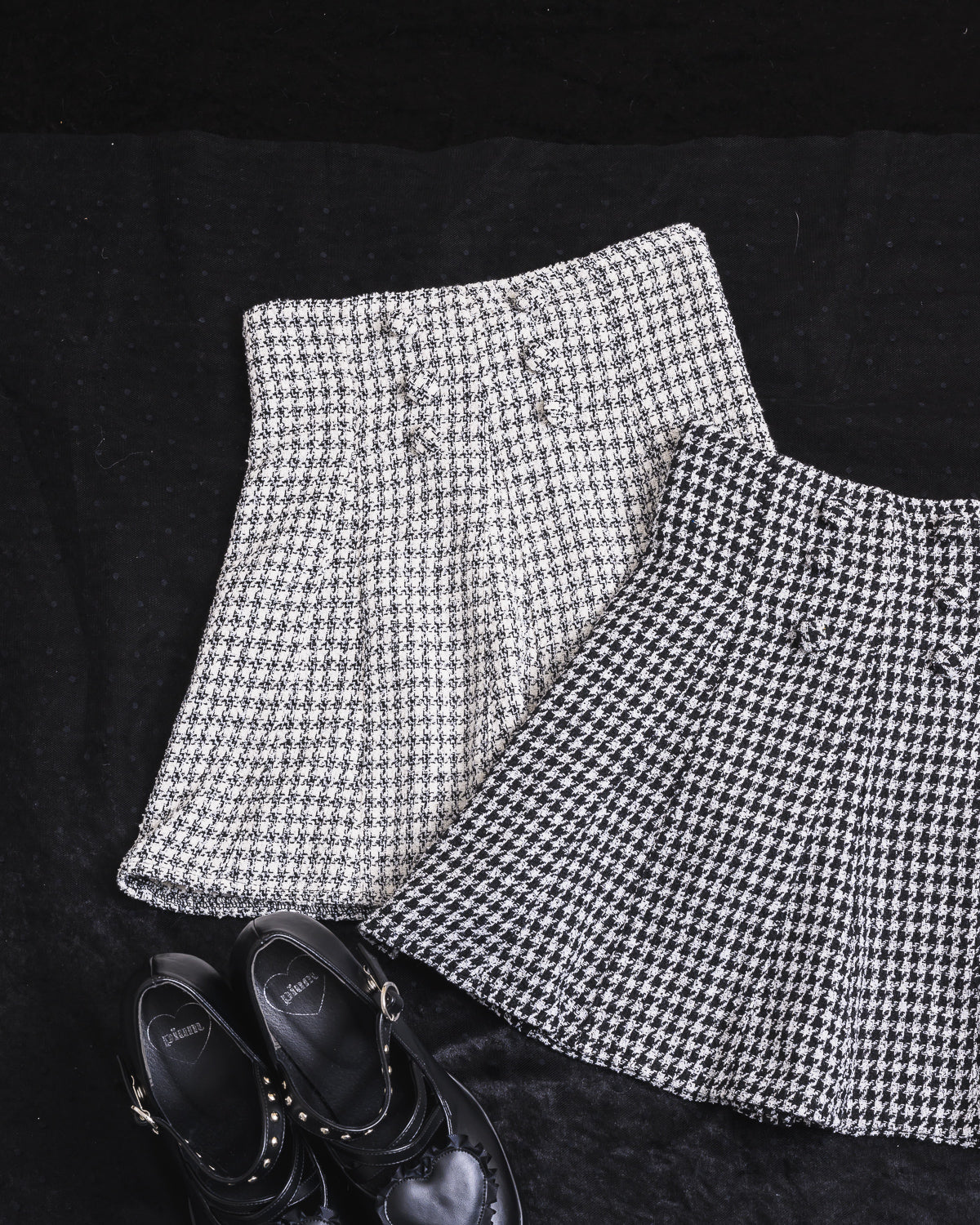 フロントボタンツイードフレアスカパン