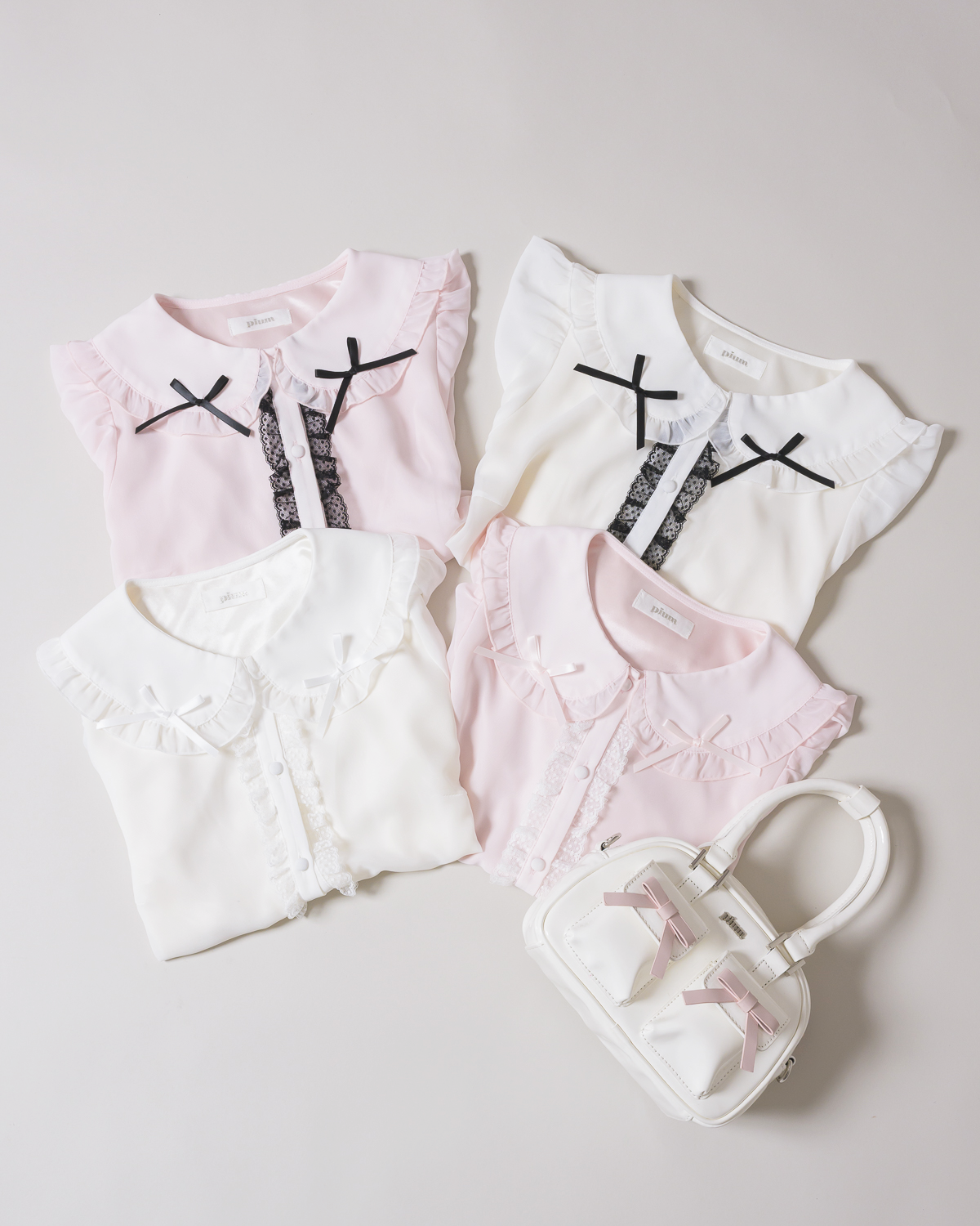 フリルカラーリボンシフォン半袖ブラウス