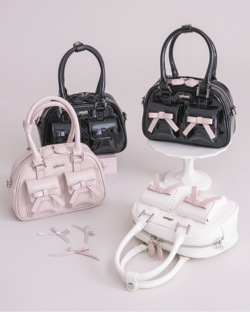 リボンポケットエナメルミニボストンバッグ