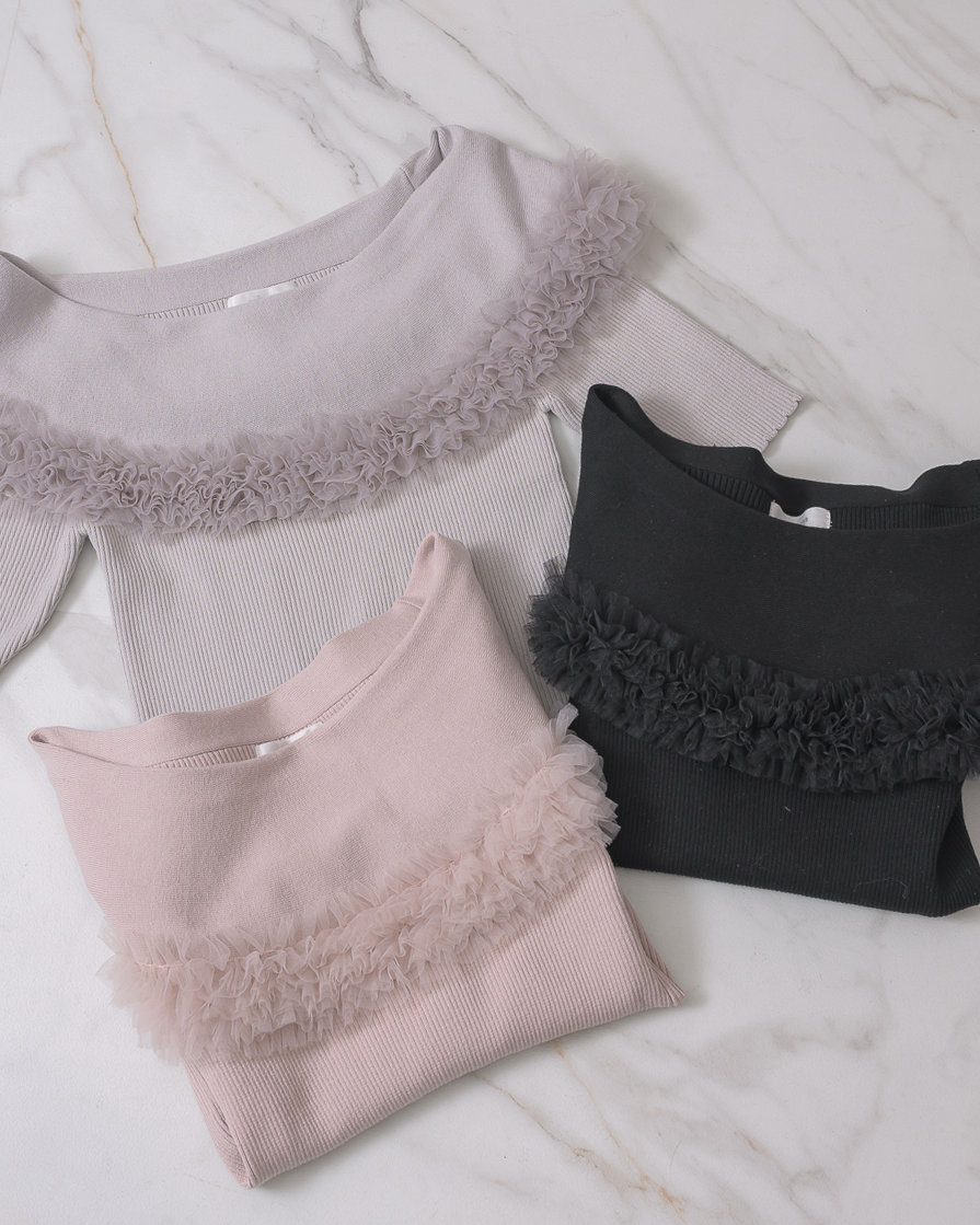 チュールフリルオフショルニットトップス