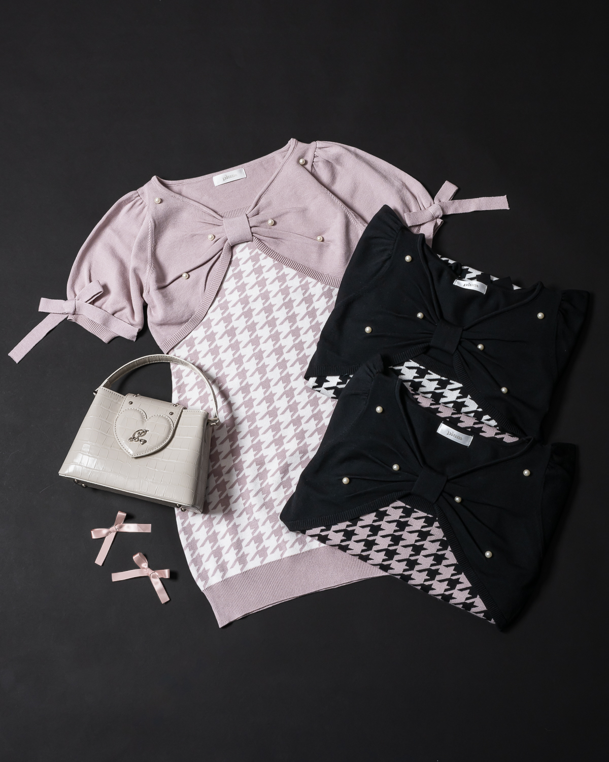 リボンニット×千鳥柄ニットワンピース