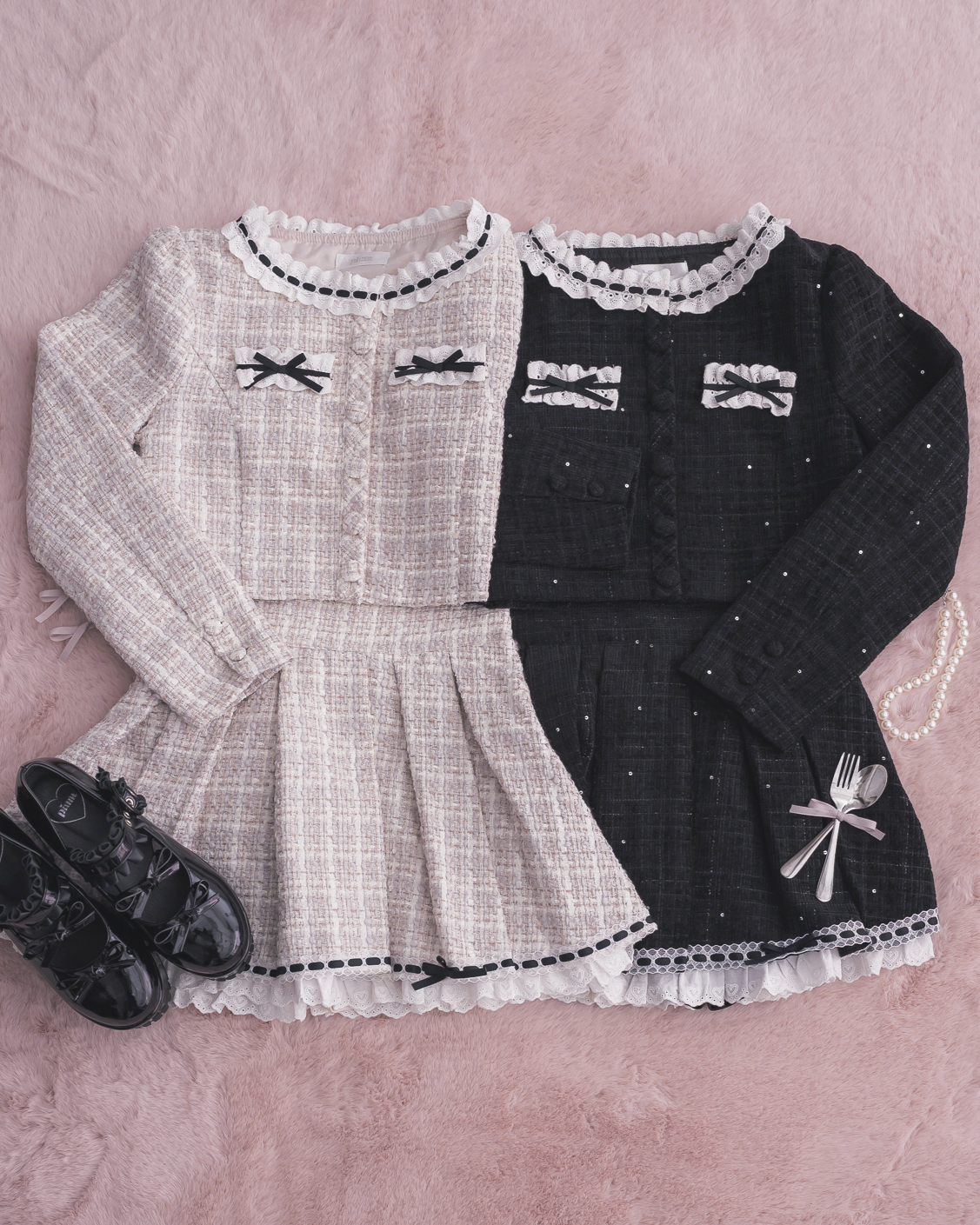 コットンフリルタックフレアツイードスカート