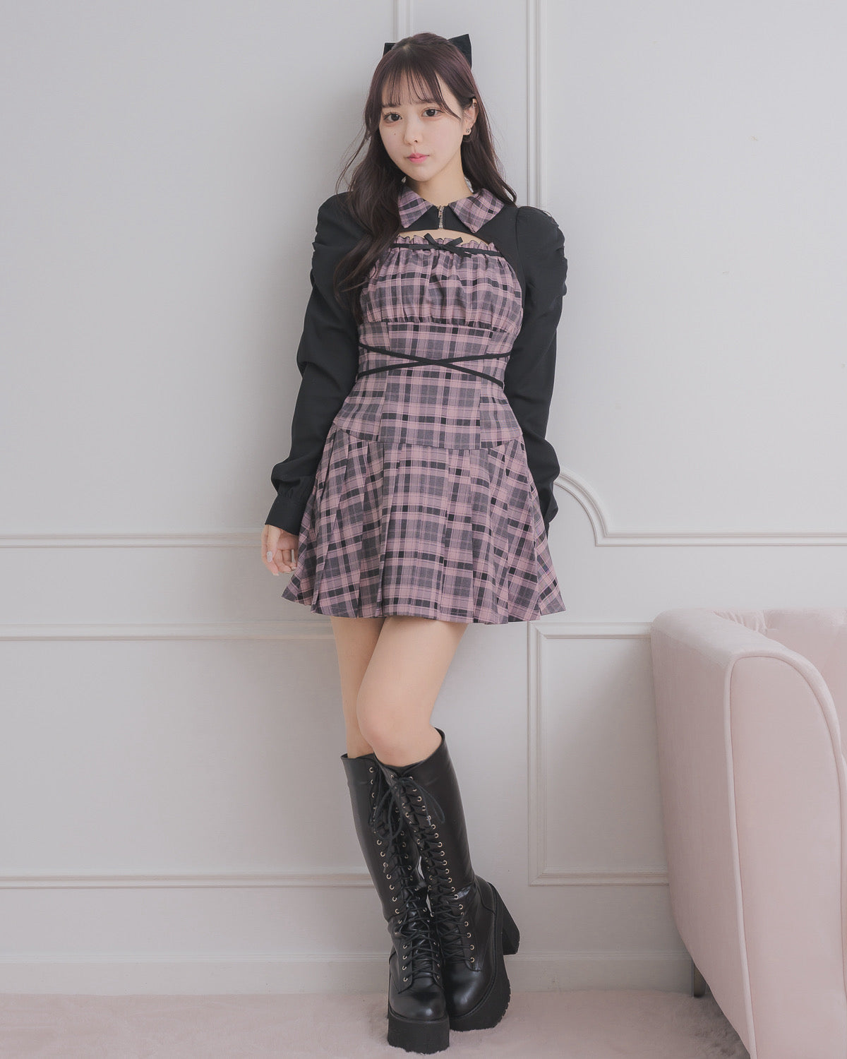 モデル身長：157cm/着用カラー:ピンクチェック