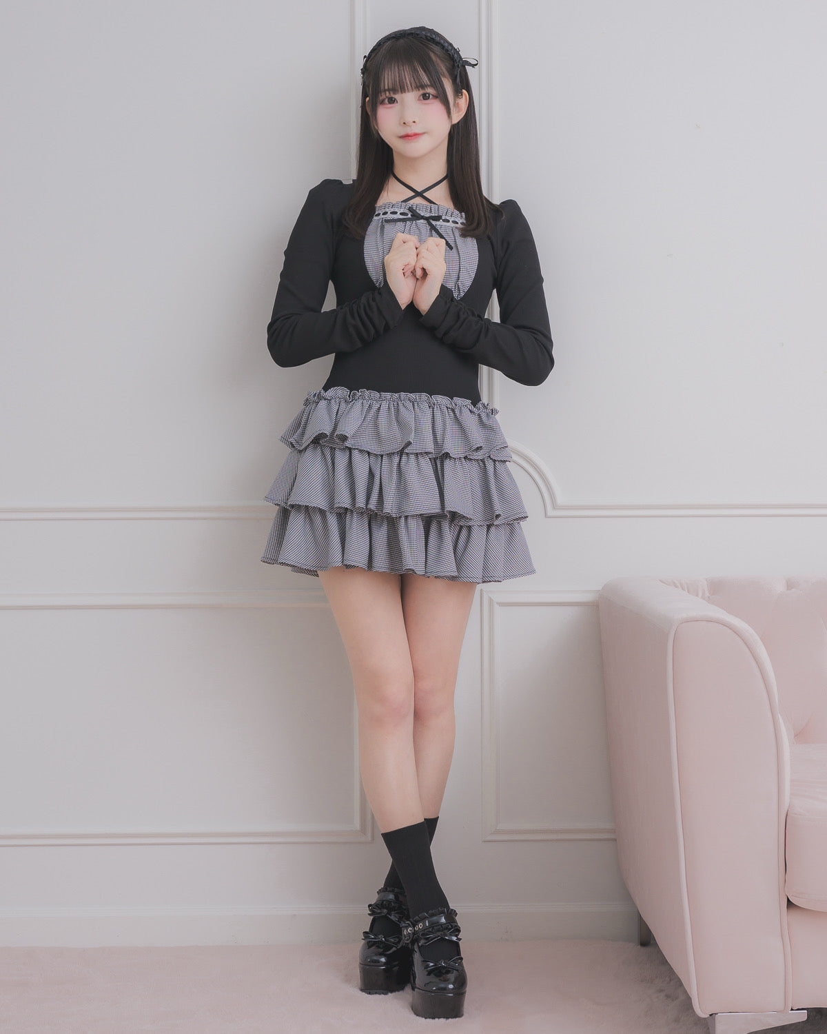 pium ラウンドフリルティアードリブワンピース ラウンドフリルティアードリブワンピース – pium