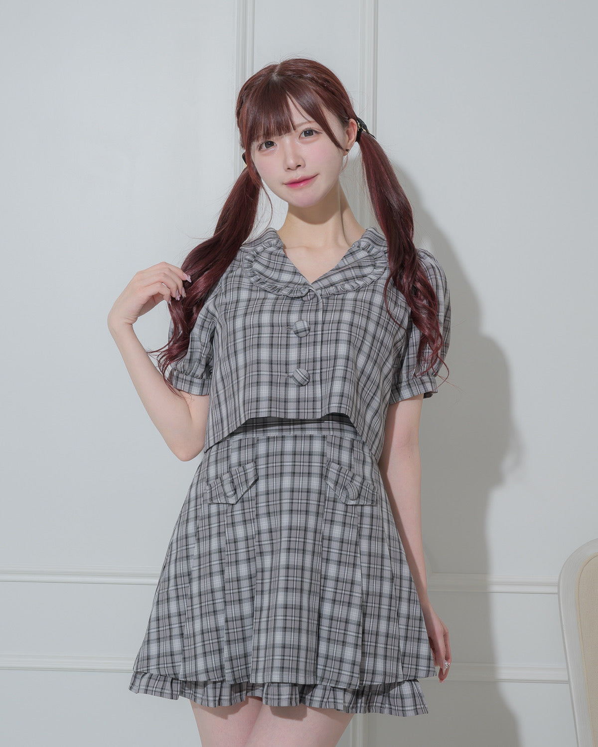 プリーツフリルチェックミニスカート