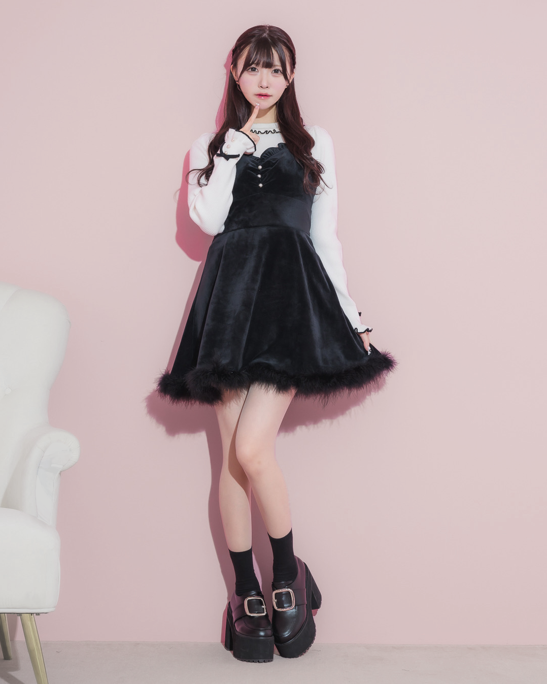 ファー付きフレアキャミワンピ