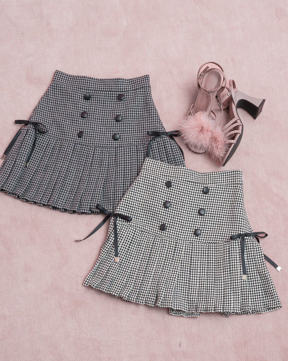 サイドリボン千鳥柄プリーツスカート