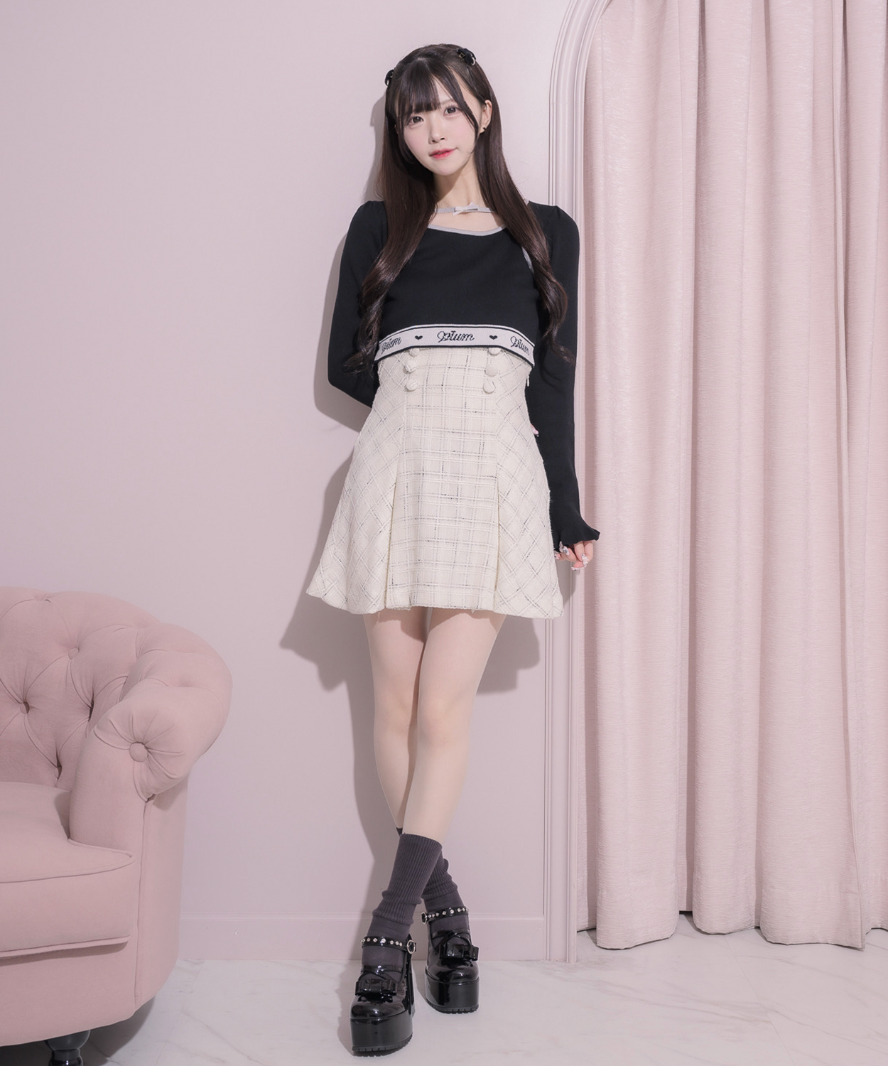 ハイウエストボックスタックツイードミニスカート