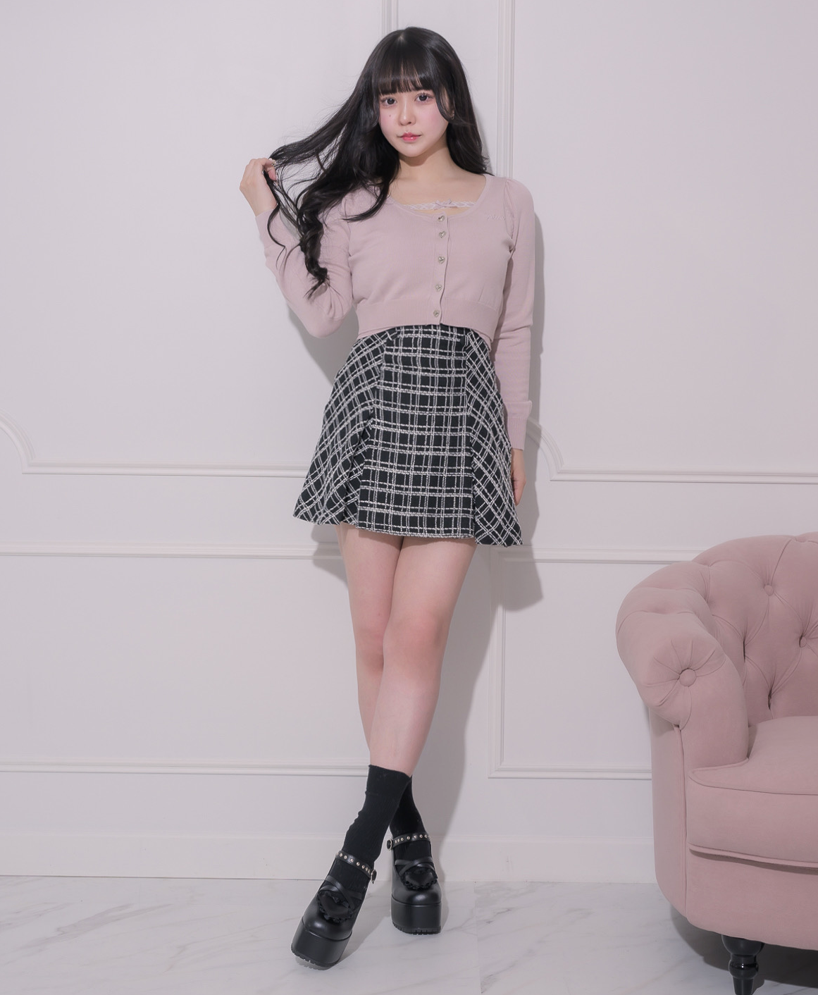 ハイウエストボックスタックツイードミニスカート