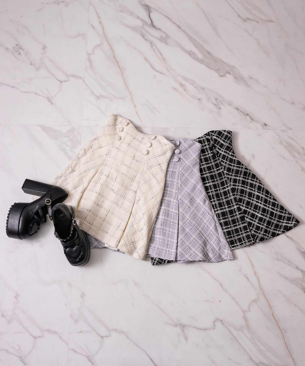 ハイウエストボックスタックツイードミニスカート