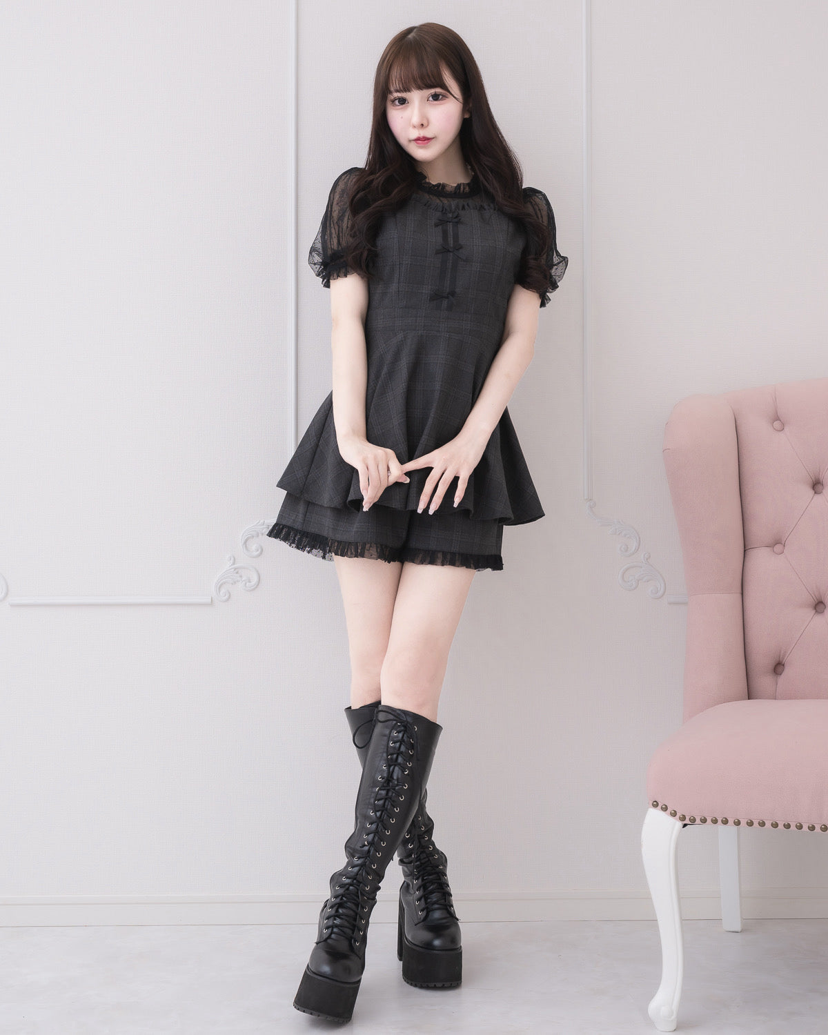 モデル身長:157cm/着用カラー:ブラックチェック