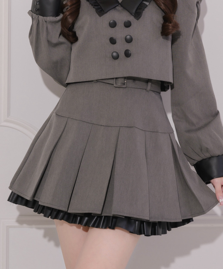 レザーフリルボックスプリーツミニスカート