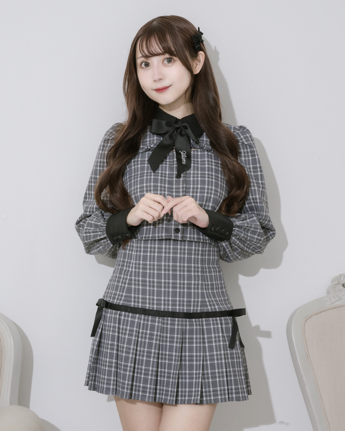 サイドリボンハイウエストプリーツスカート