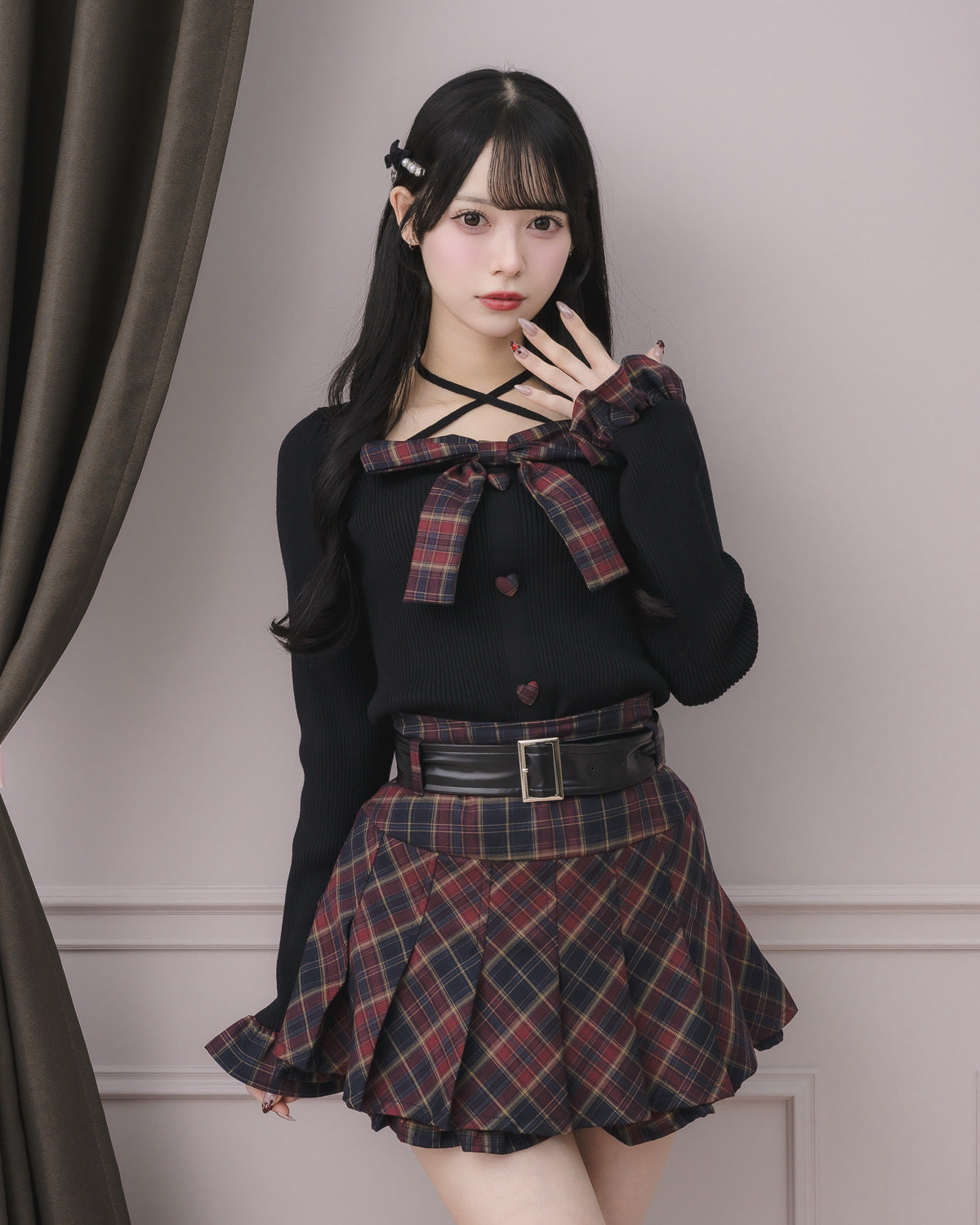 Pium チェックレイヤーリボンニットトップス チェックレイヤードリボンニットトップス – pium