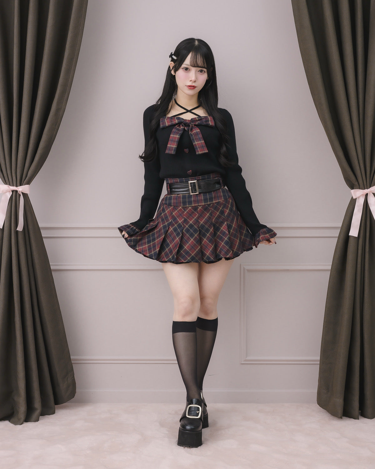 チェックレイヤードリボンニットトップス – pium