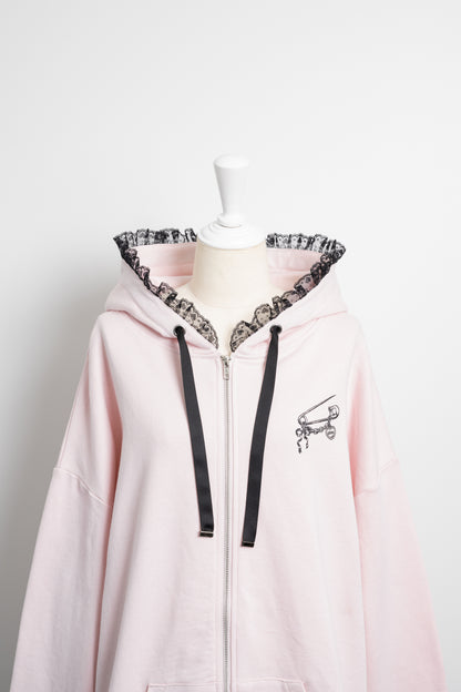 レースアップリボンプリントオーバーサイズパーカー