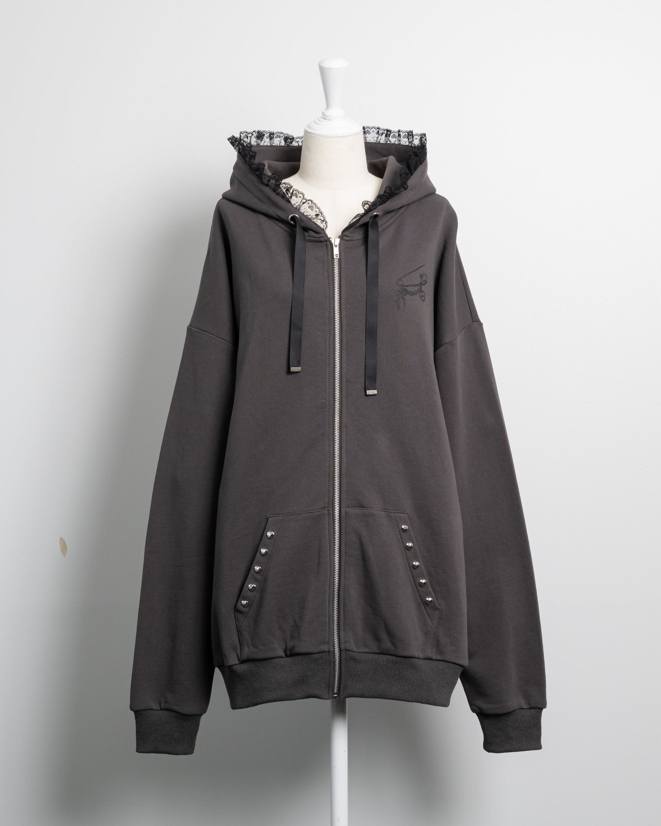 レースアップリボンプリントオーバーサイズパーカー – pium