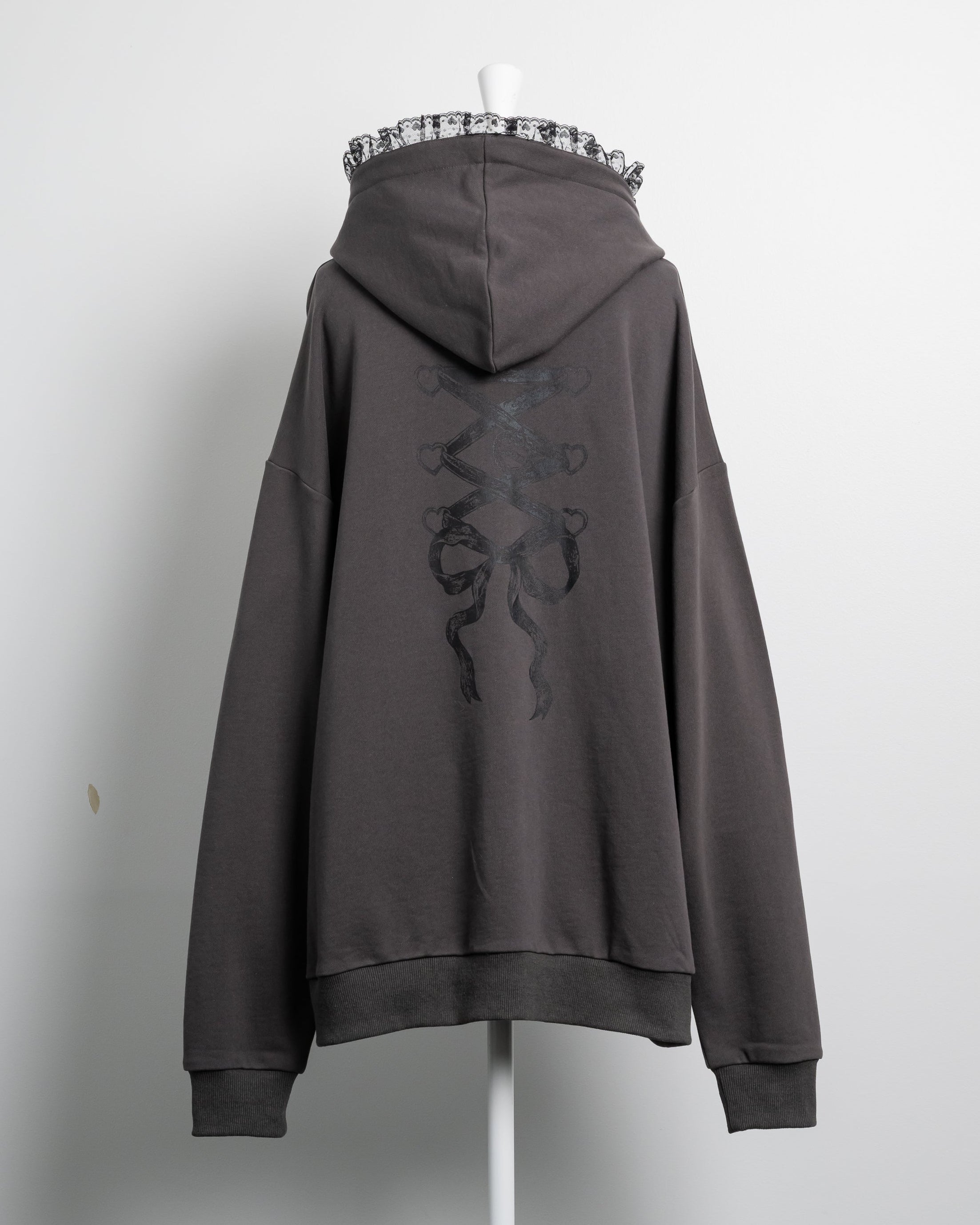 レースアップリボンプリントオーバーサイズパーカー – pium