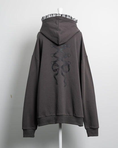 レースアップリボンプリントオーバーサイズパーカー