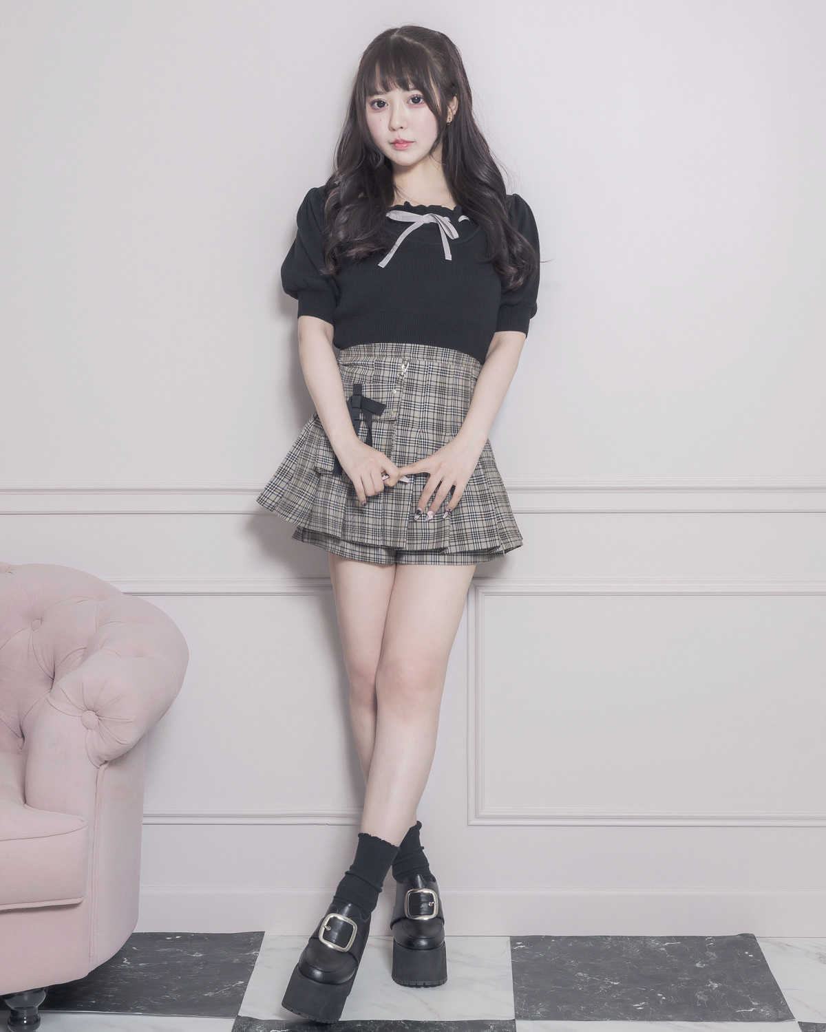 モデル身長:157cm/着用カラー:ベージュチェック