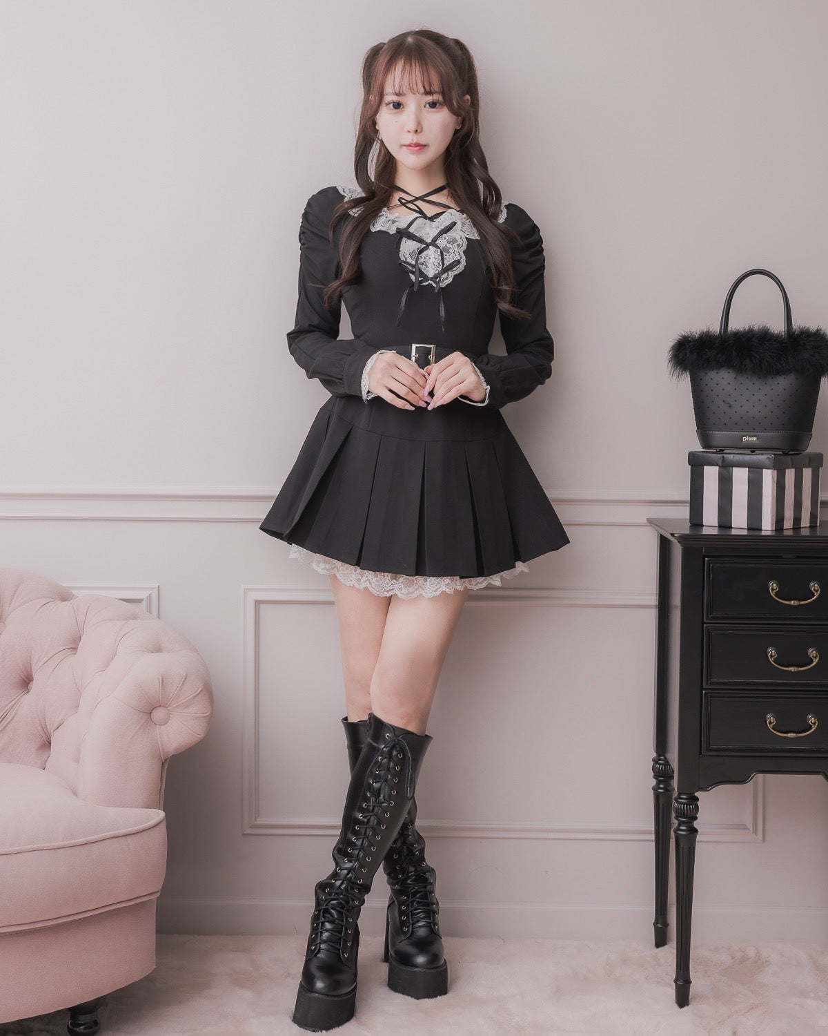 レースフリルプリーツミニワンピース – pium