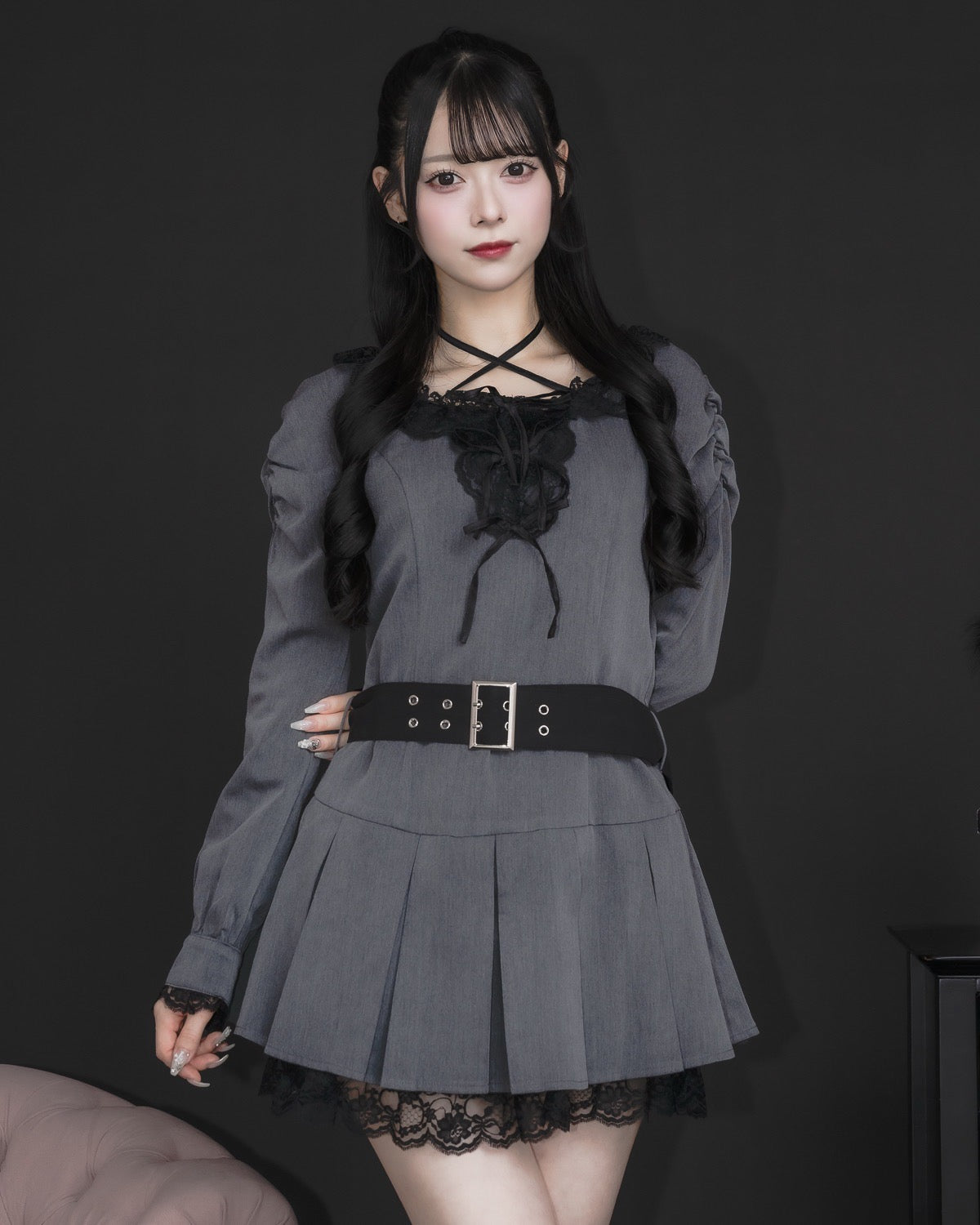 レースフリルプリーツミニワンピース