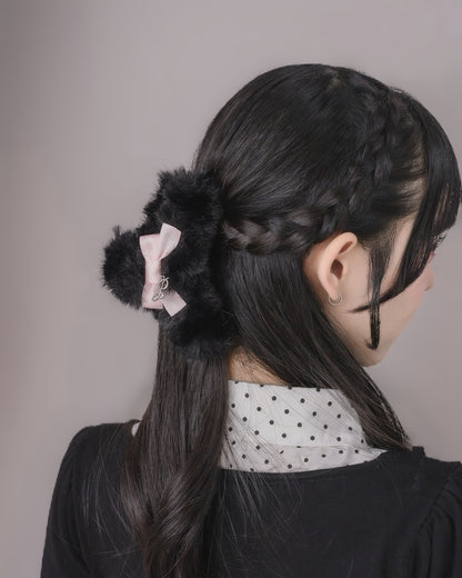 リボン付きファーヘアクリップ