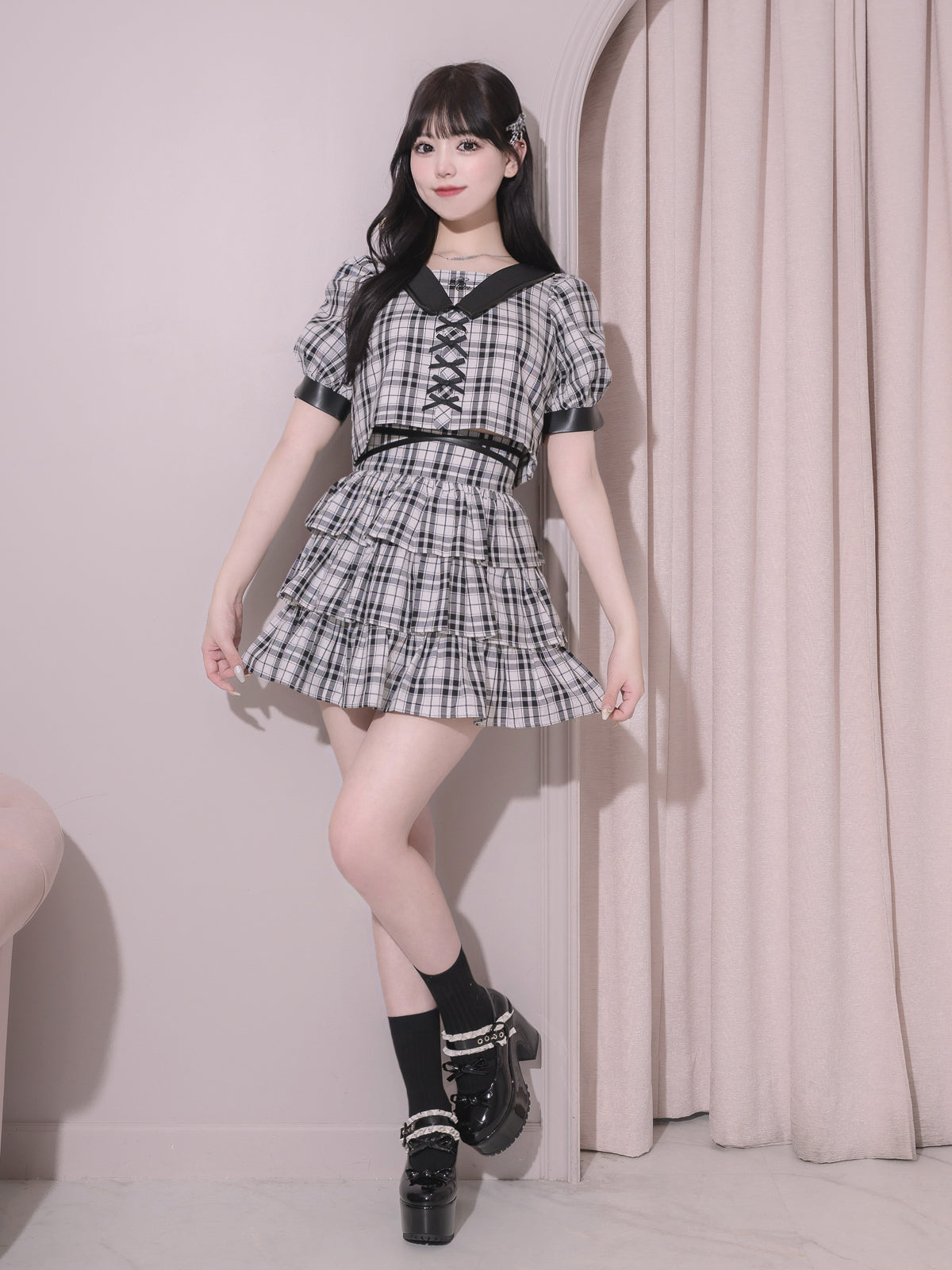 モデル身長:159cm/着用カラー:ホワイトチェック