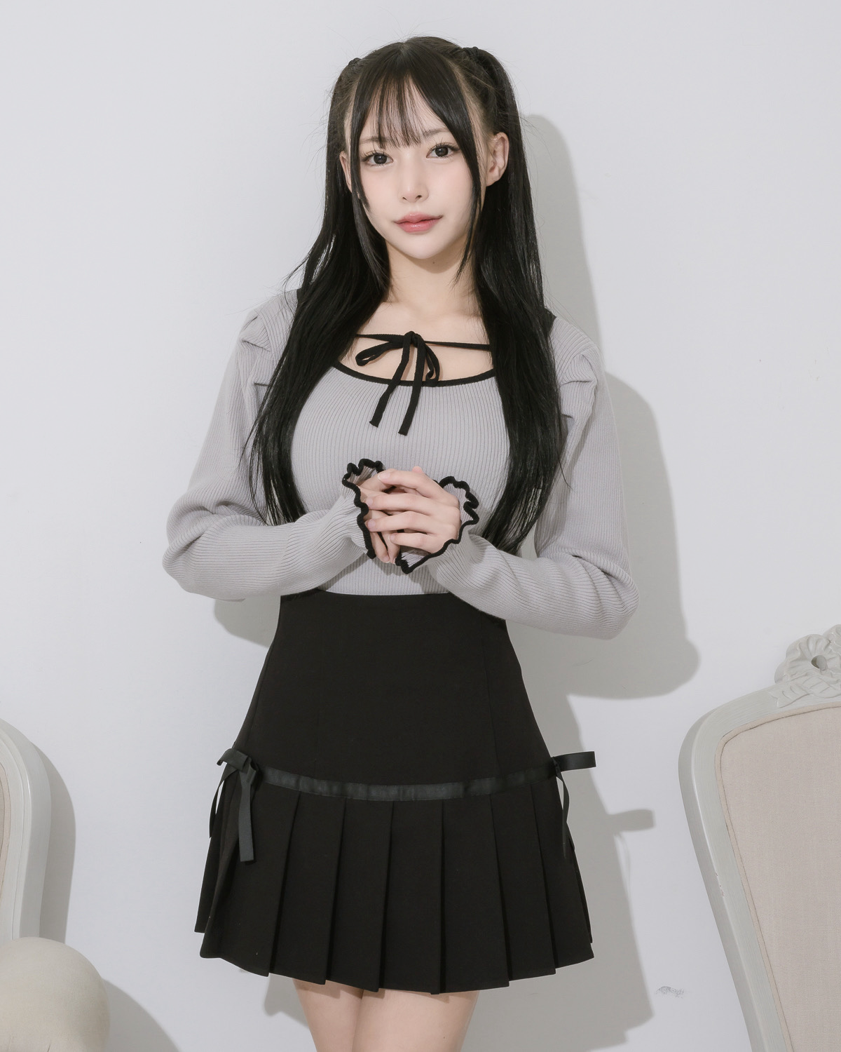 サイドリボンハイウエストプリーツスカート