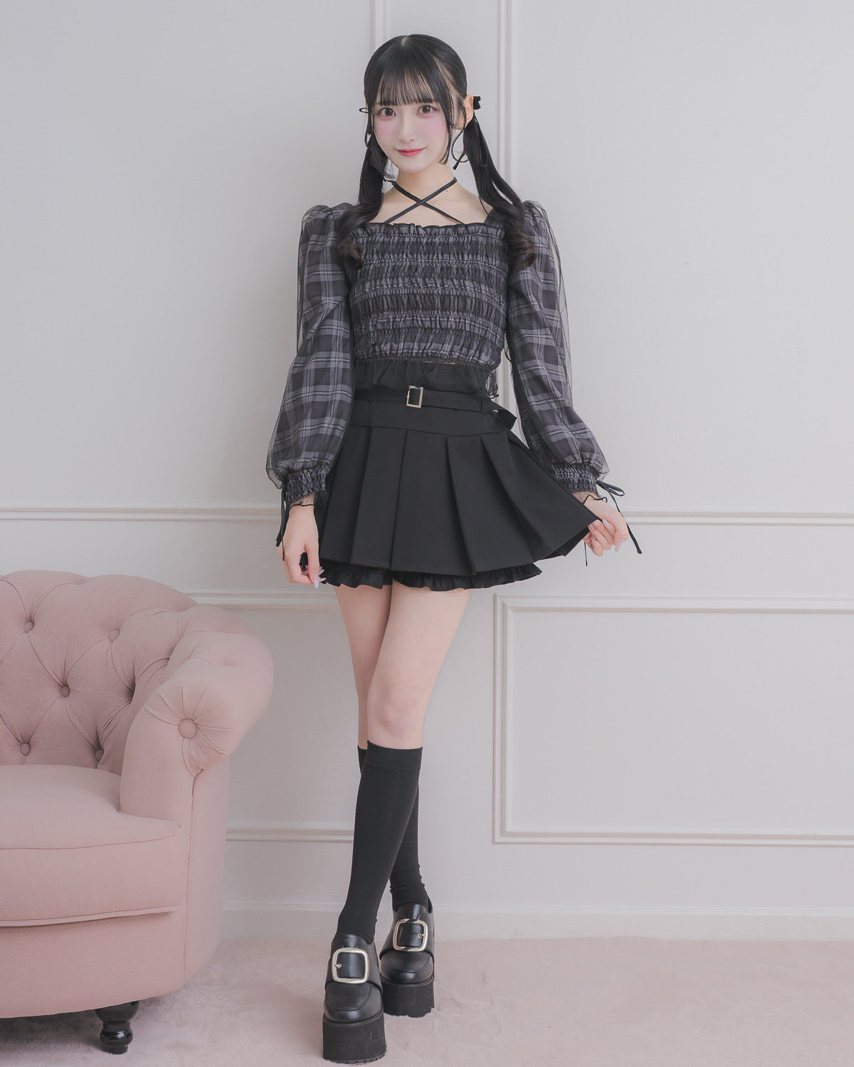 pium シャーリングチュールフリルブラウス　ブラックギンガム シャーリングチュールフリルブラウス – pium