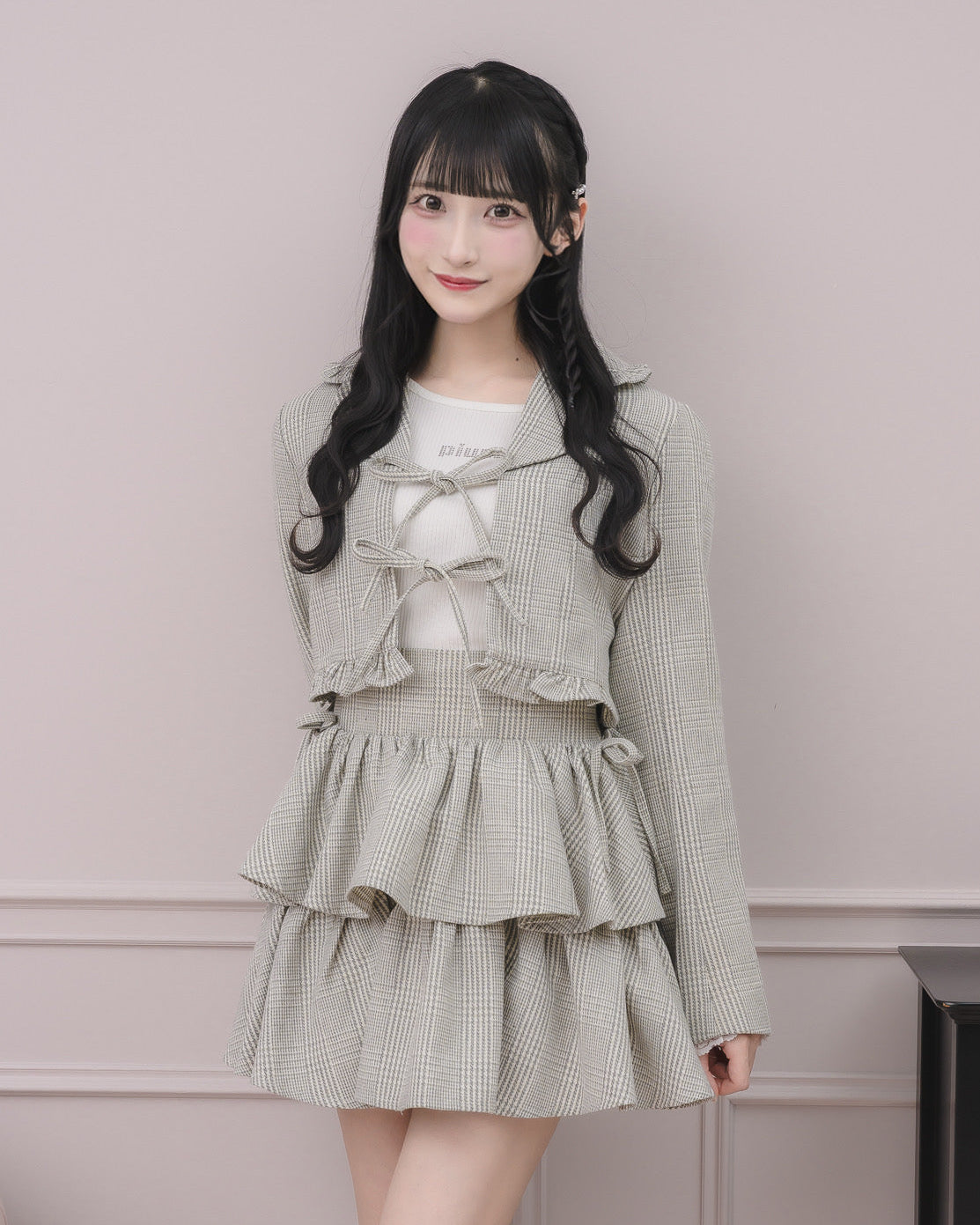 ラメチェックフロントリボンジャケット