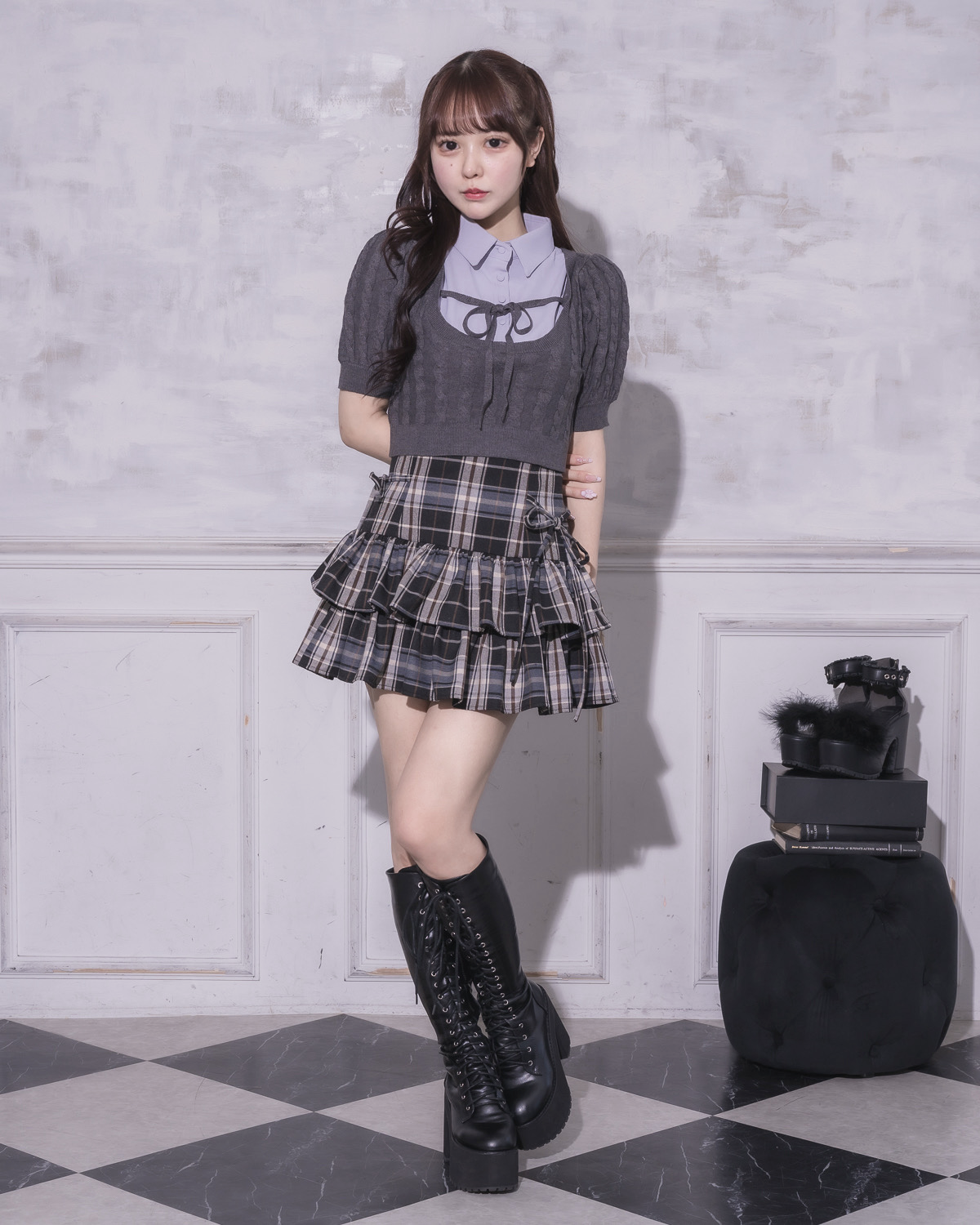 モデル身長:157cm/着用カラー:ブラウンチェック