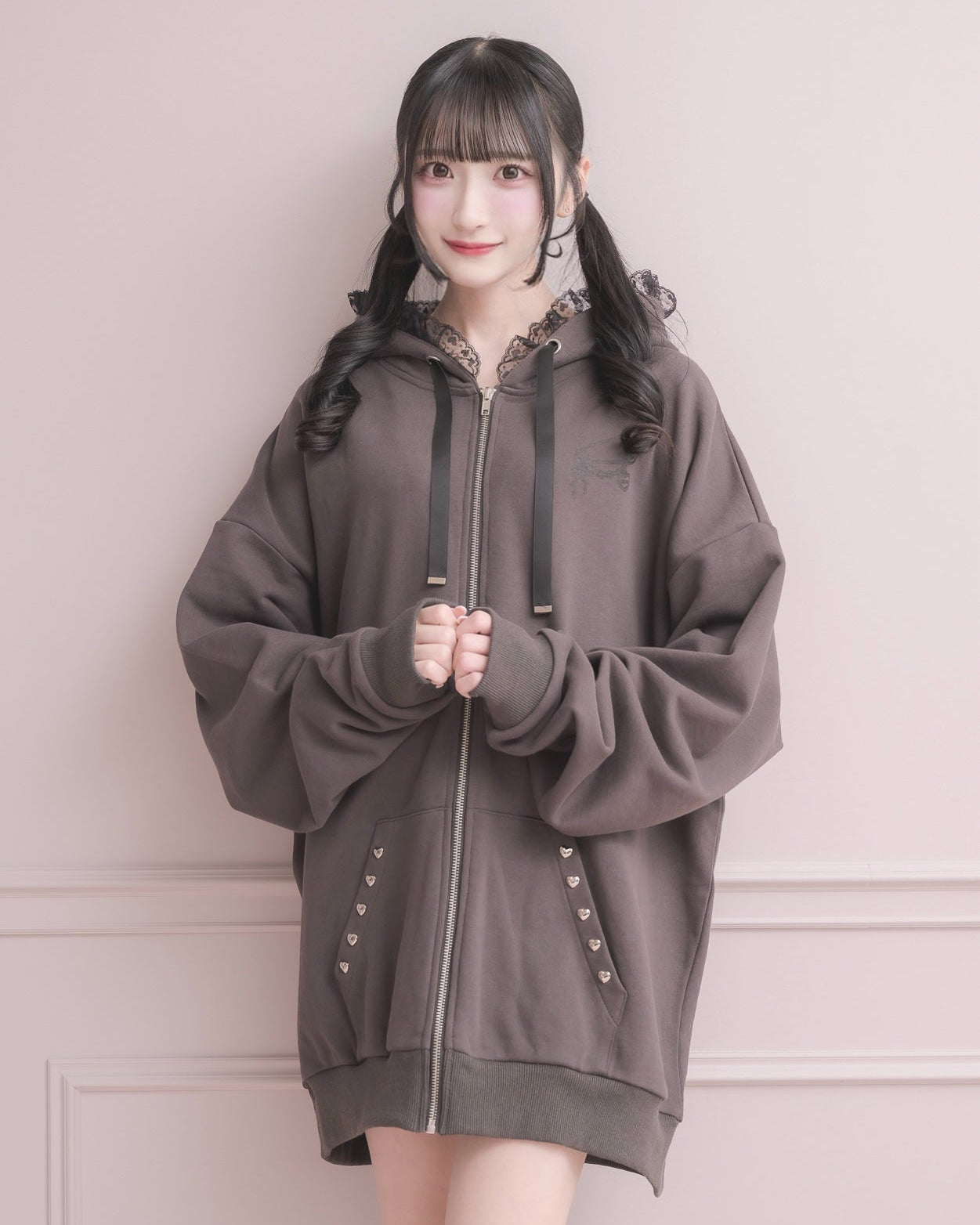 レースアップリボンプリントオーバーサイズパーカー – pium