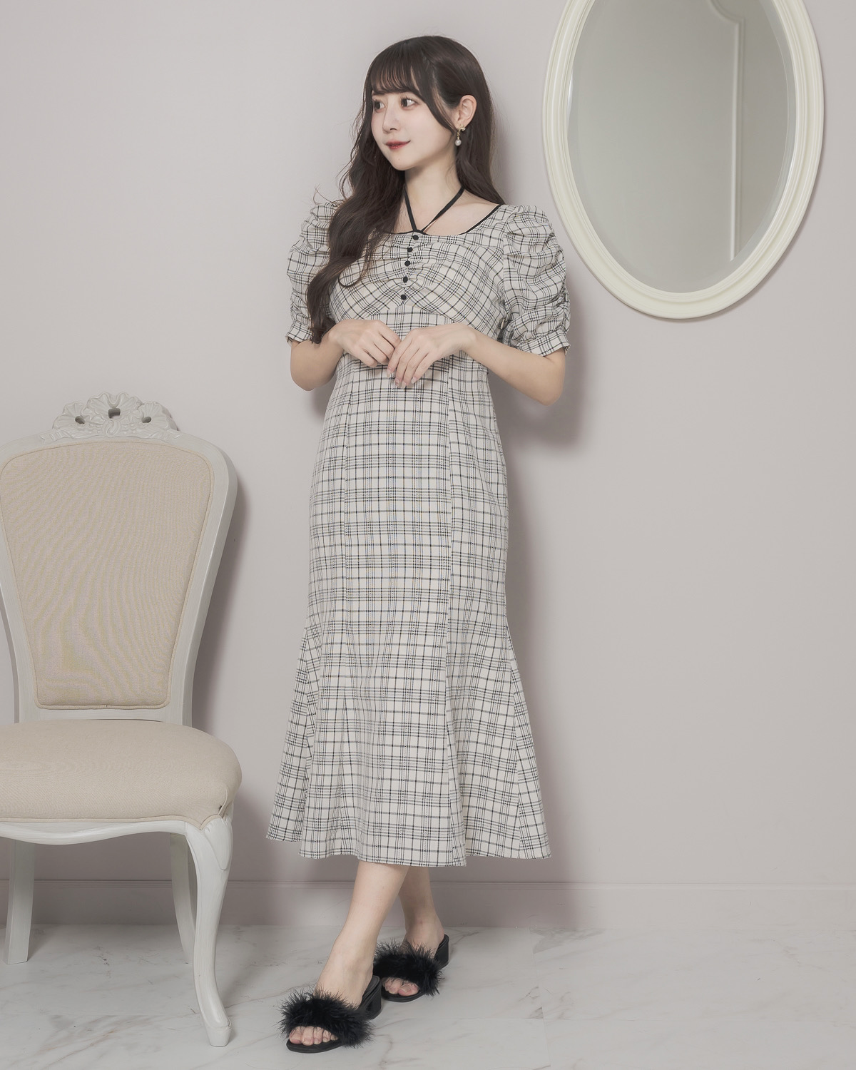 モデル身長:159cm/着用カラー:ホワイトチェック