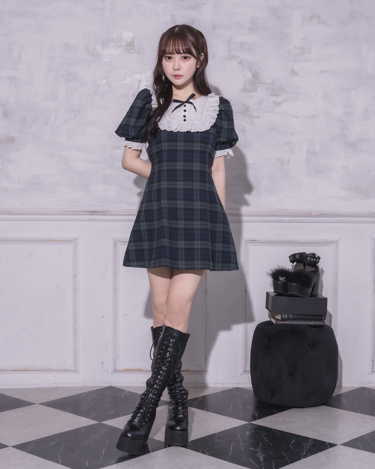 モデル身長:157cm/着用カラー:グリーンチェック