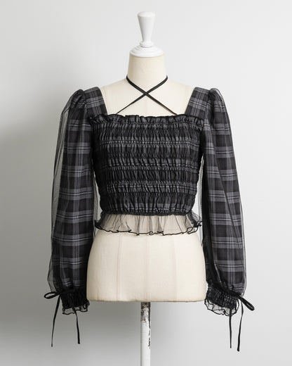 シャーリングチュール長袖フリルブラウス