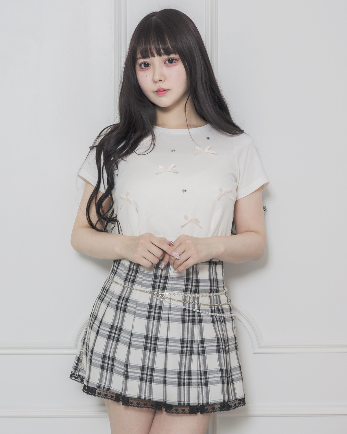 ビジューチェーン付きチェックプリーツスカパン