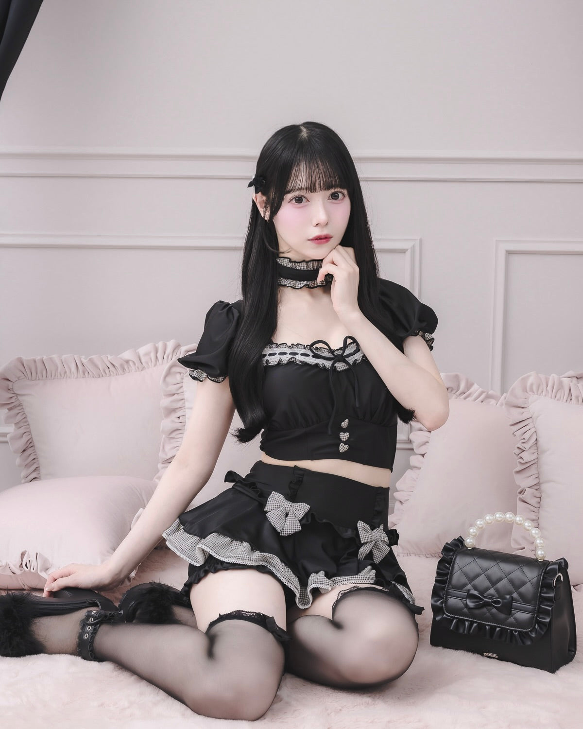モデル身長：155cm/着用カラー：ブラック×ギンガム