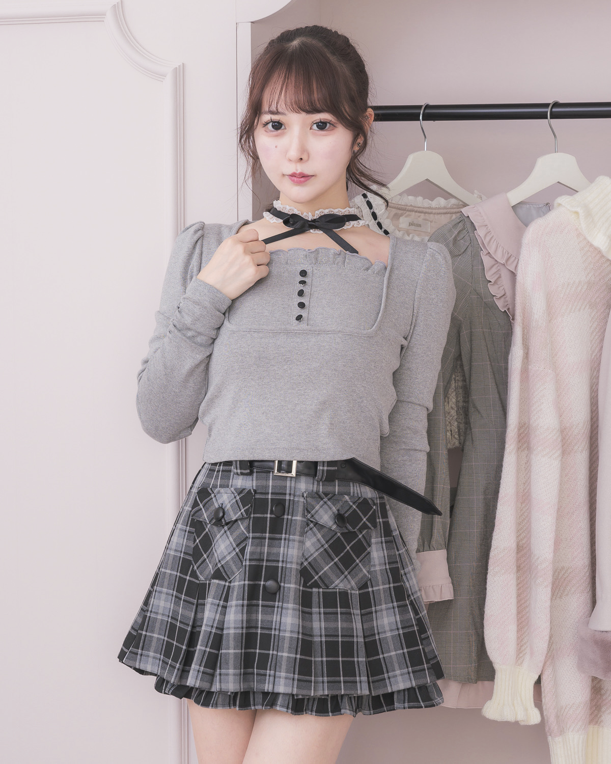 レザーベルトチェックプリーツミニスカート – pium レザーベルトチェックプリーツミニスカート – pium
