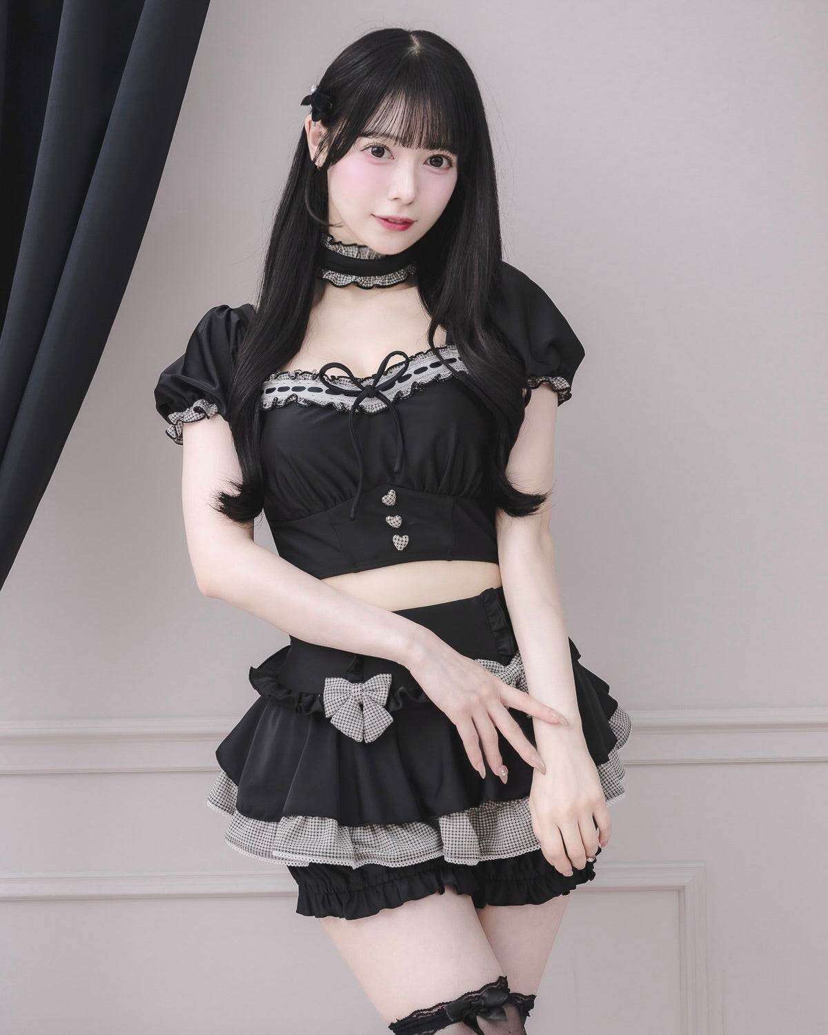 モデル身長：155cm/着用カラー：ブラック×ギンガム