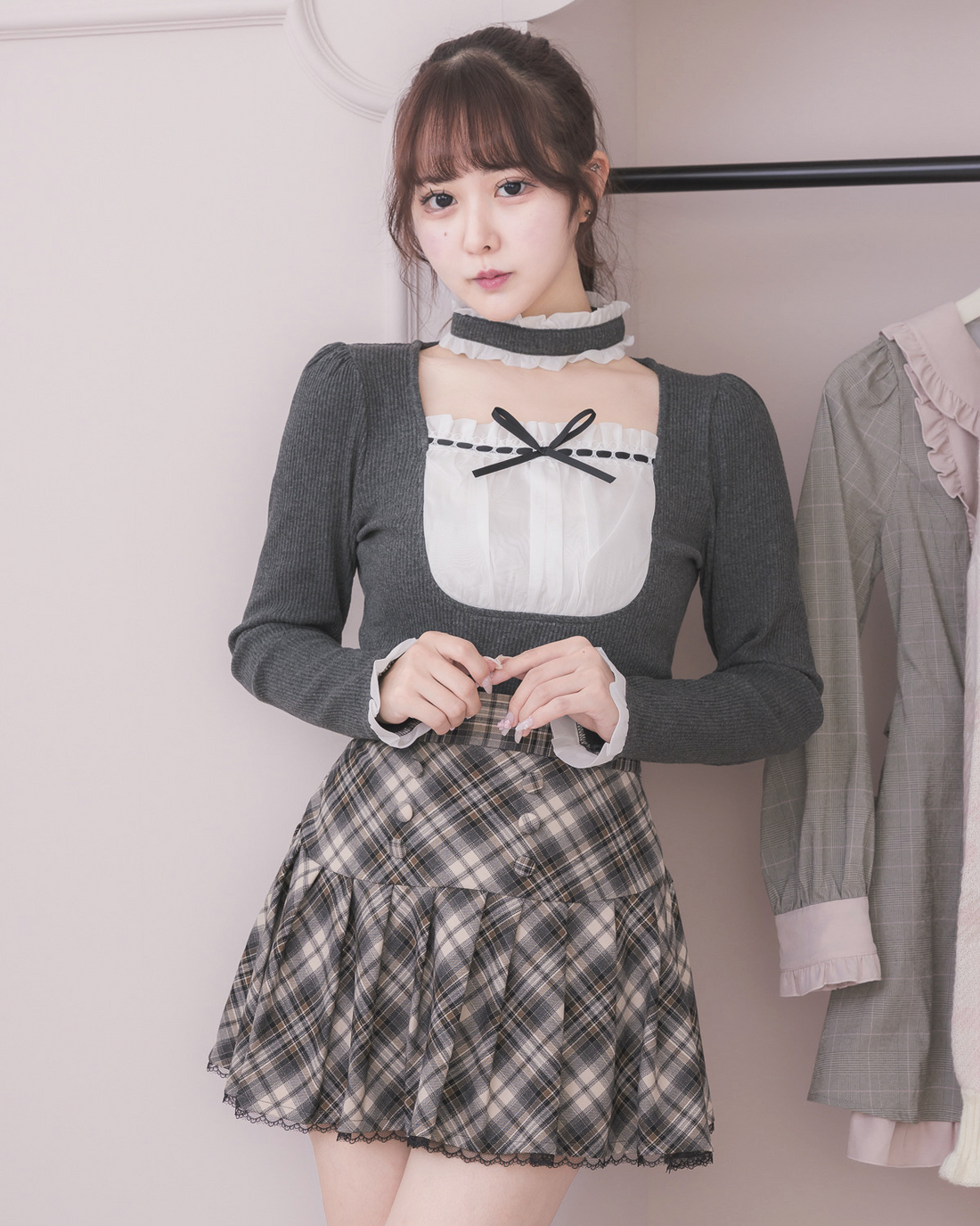 pium ヨーク切替ハートボタンニット フロントボタンチェックプリーツ pium ヨーク切替ハートボタンニット フロントボタンチェックプリーツ