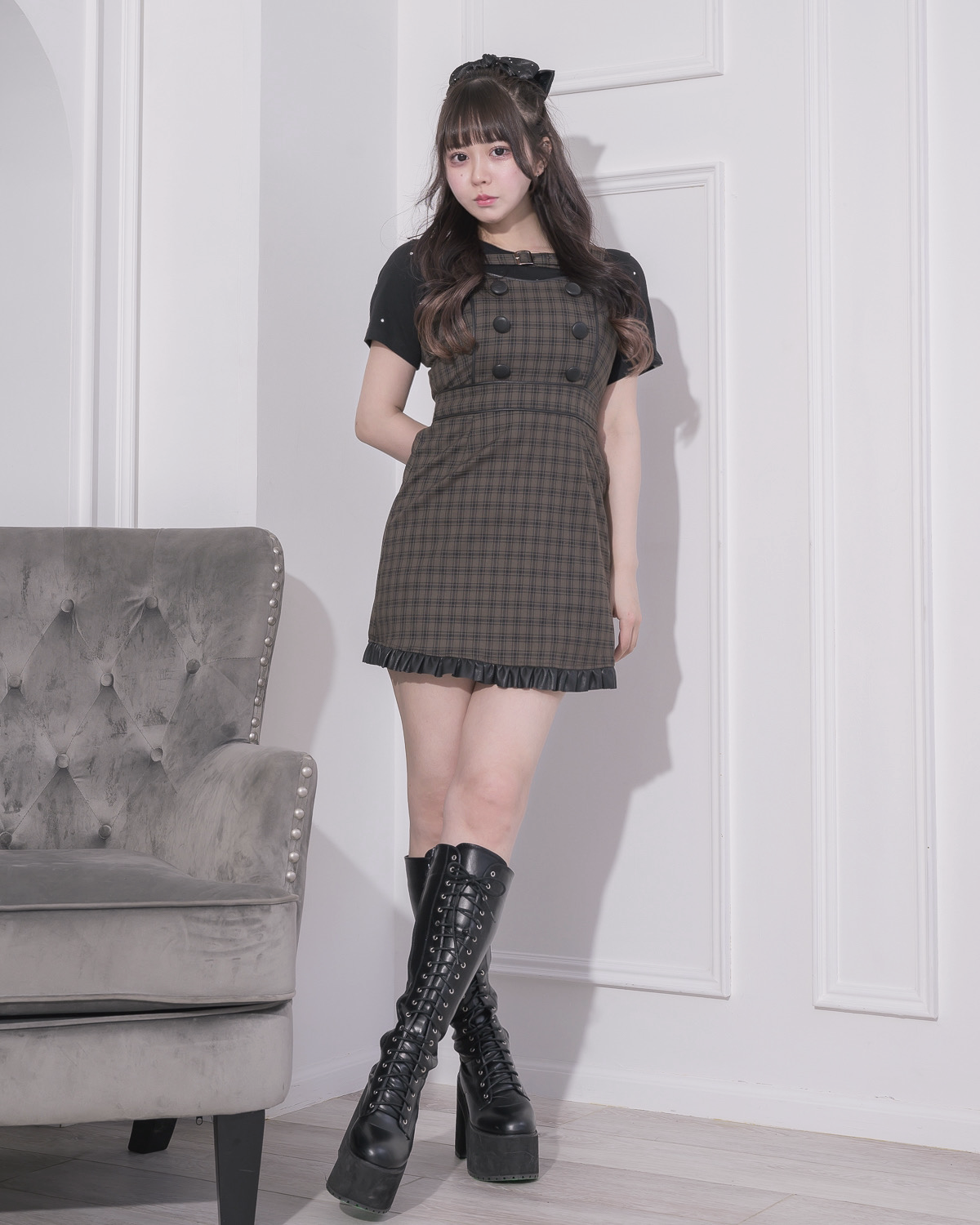 モデル身長:157cm/着用カラー:ブラウンチェック