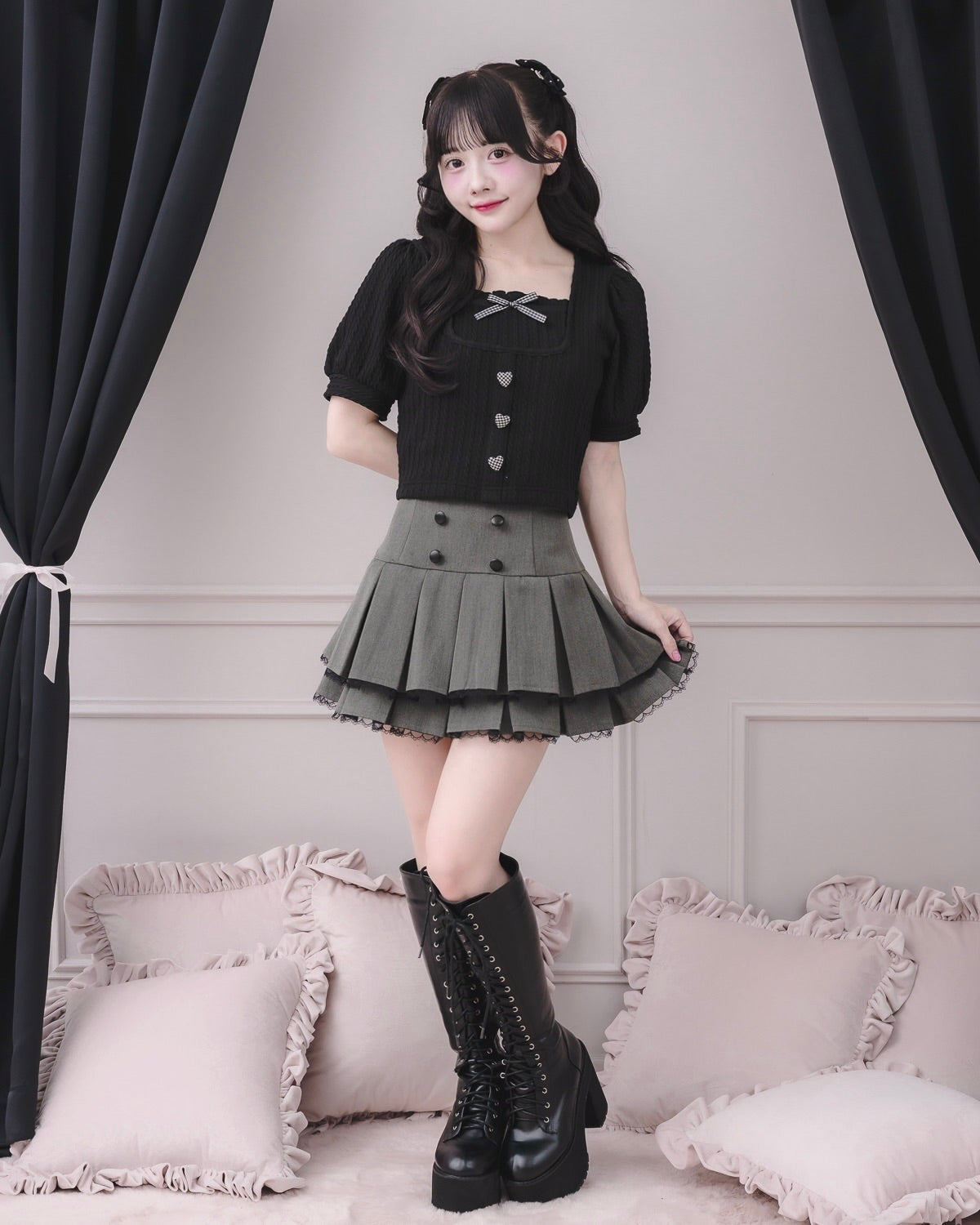 モデル身長：151cm/着用カラー：ブラック×ギンガム