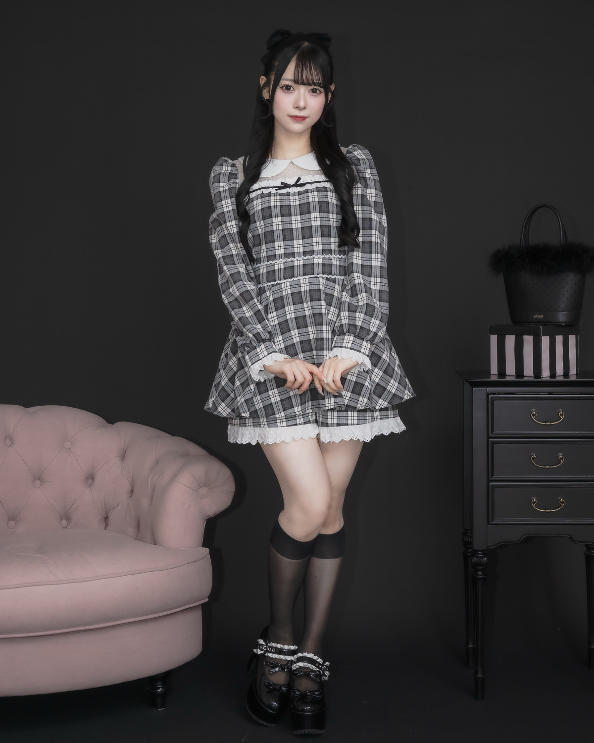 モデル身長：155cm/着用カラー:ホワイトチェック