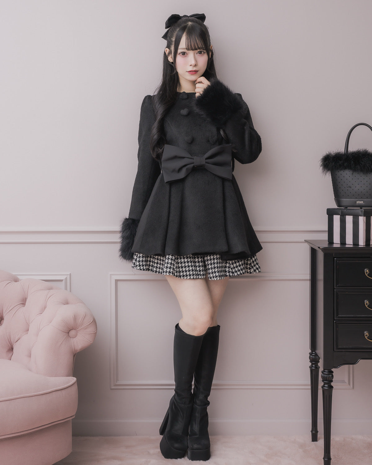 pium ハートボタンリボンベルトシャギーコート ピンク ハートボタンリボンベルトシャギーコート – pium