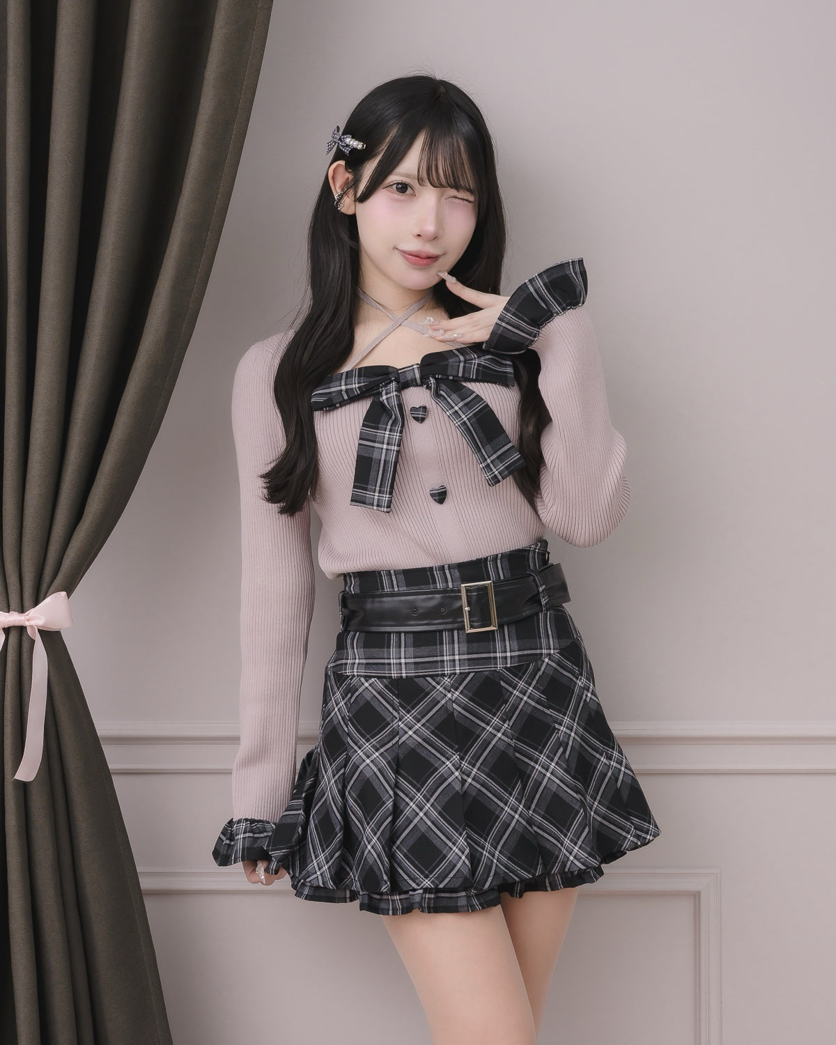 モデル身長：152cm/着用カラー:ブラックチェック