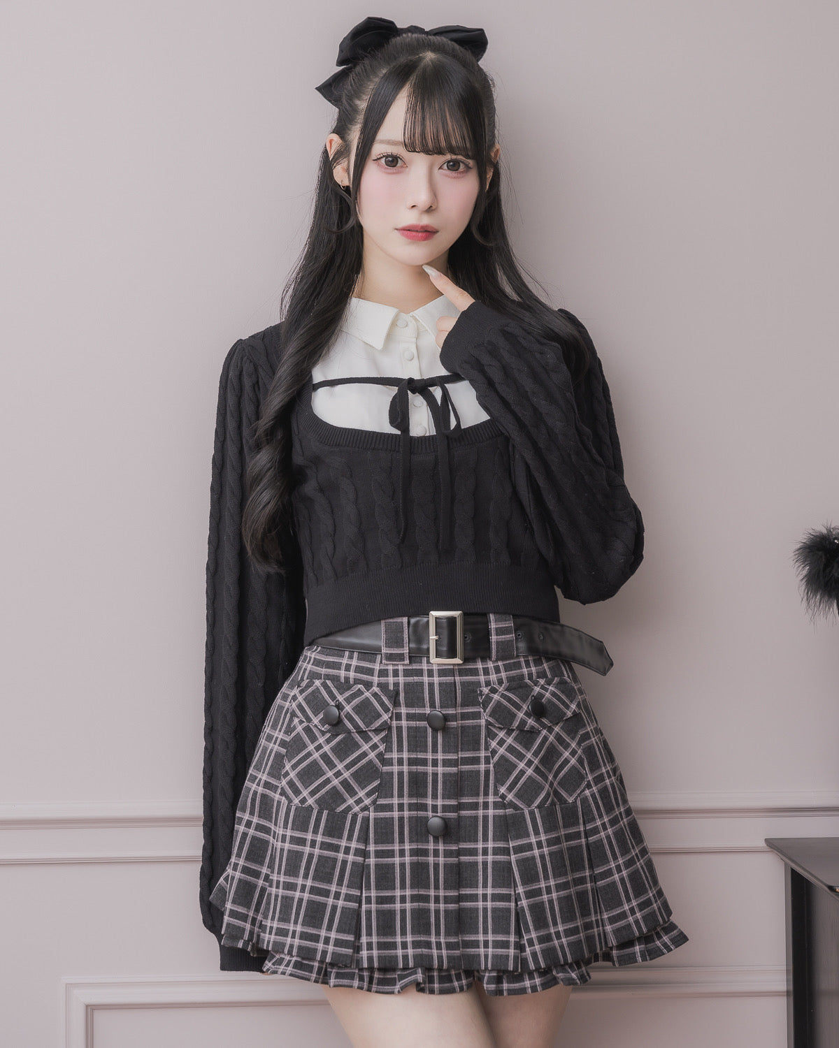 レザーベルトプリーツミニスカート