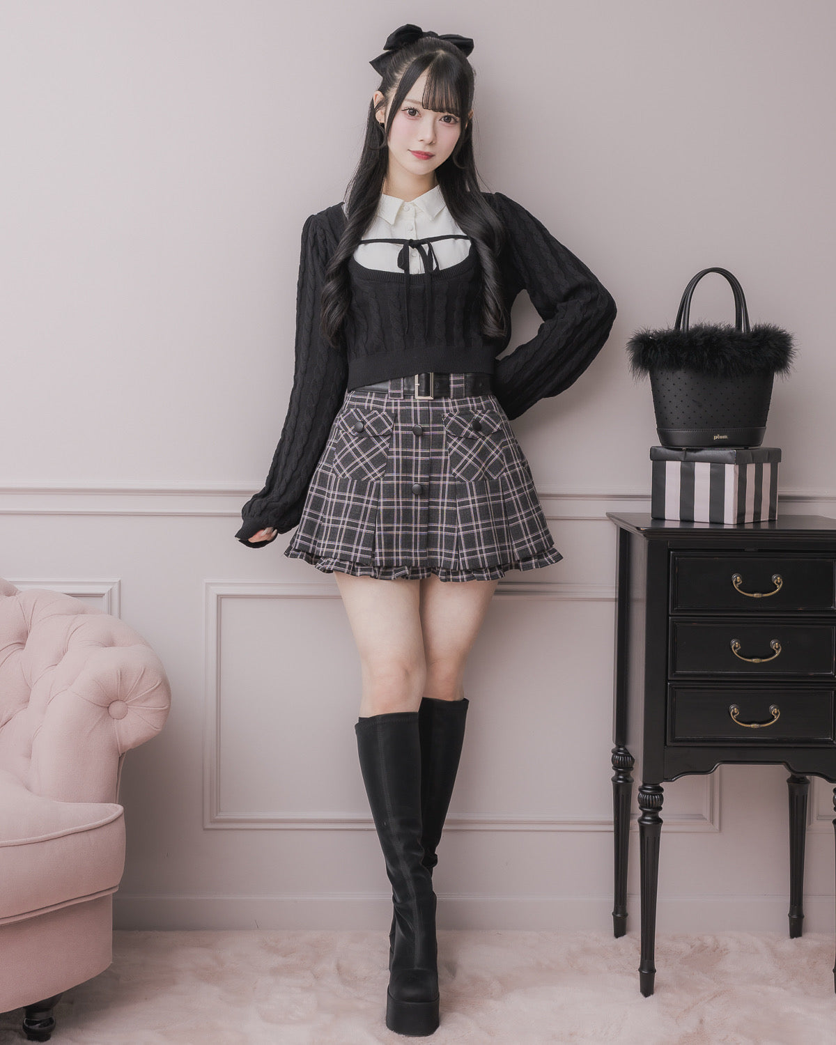 レザーベルトプリーツミニスカート