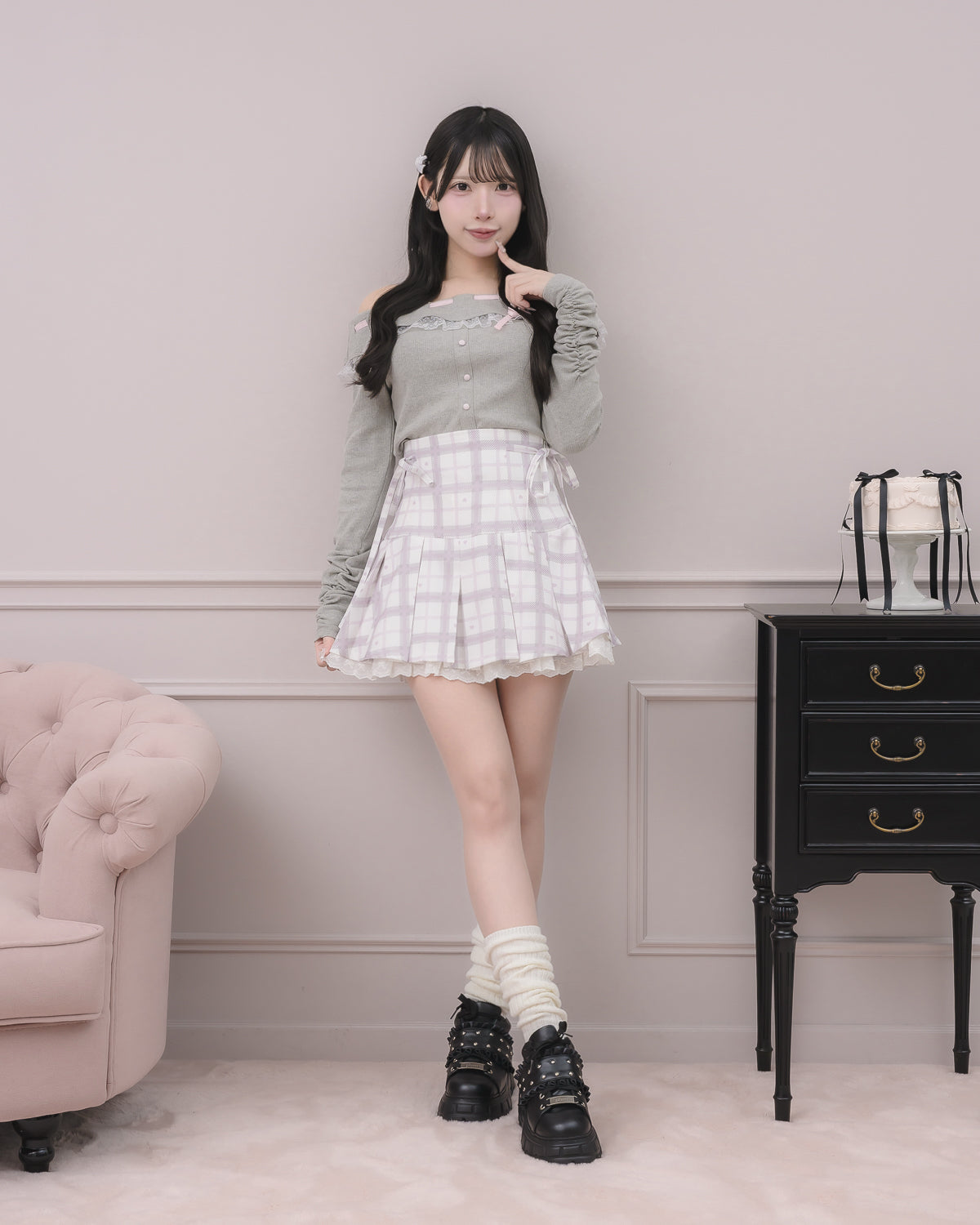 piumハートチェックプリーツミニスカート