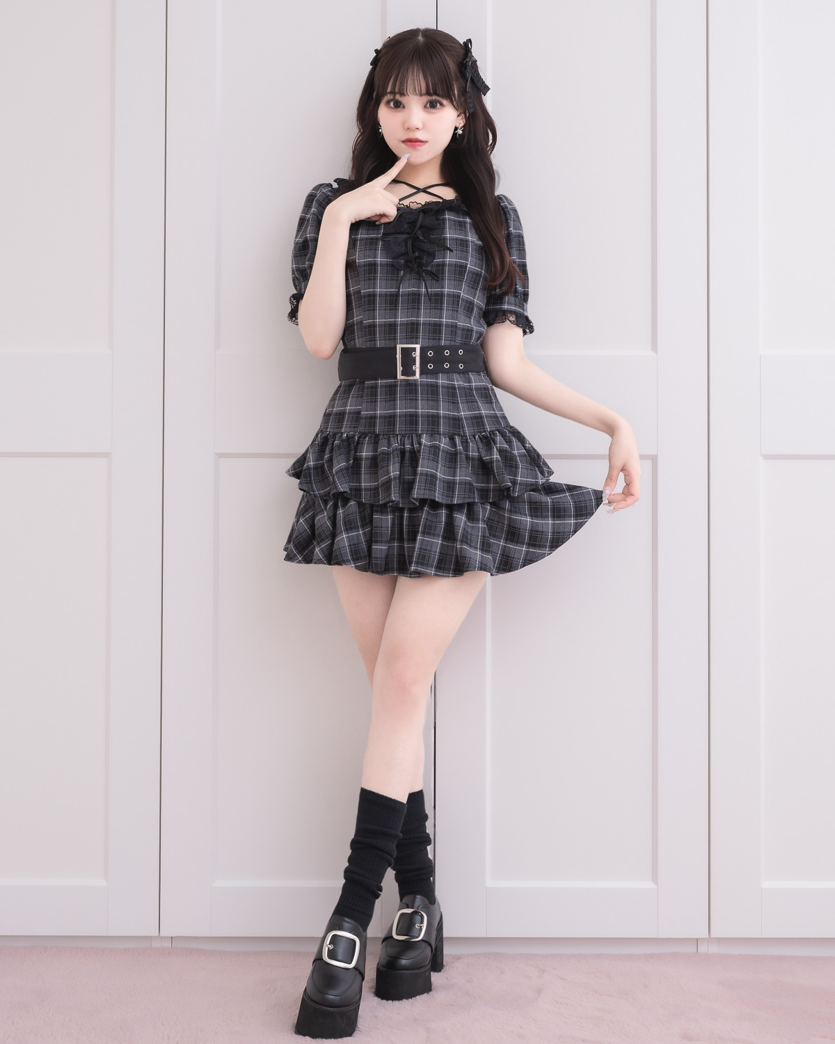 モデル身長:163cm/着用カラー:ブラックチェック